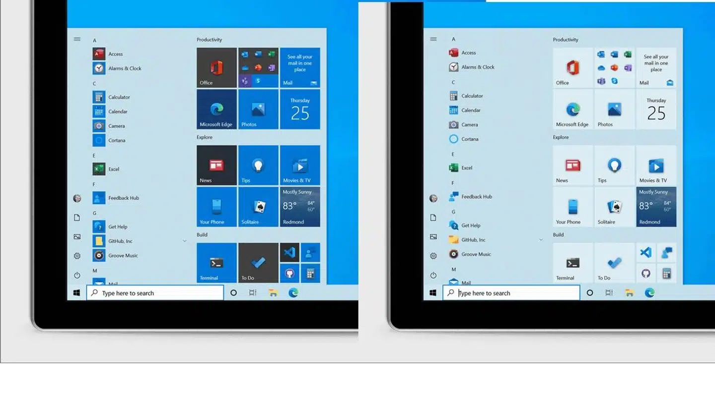 Startmenuen i Windows 10 får et nyt design med efterårets opdatering af Microsofts software, som nu er på vej ud til alle brugere. Til venstre ses designet med den seneste opdatering fra foråret, til højre den kommende udgave.