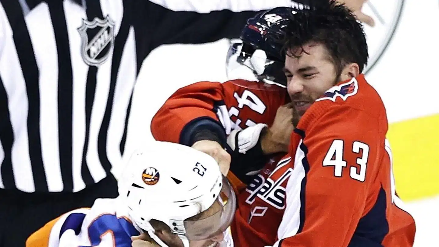 Pulsen og demed åndedrættet kan i den grad stige, når der bliver gået til den i ishockey. Billedet er fra en kamp mellem Washington Capitals og New York Islanders.