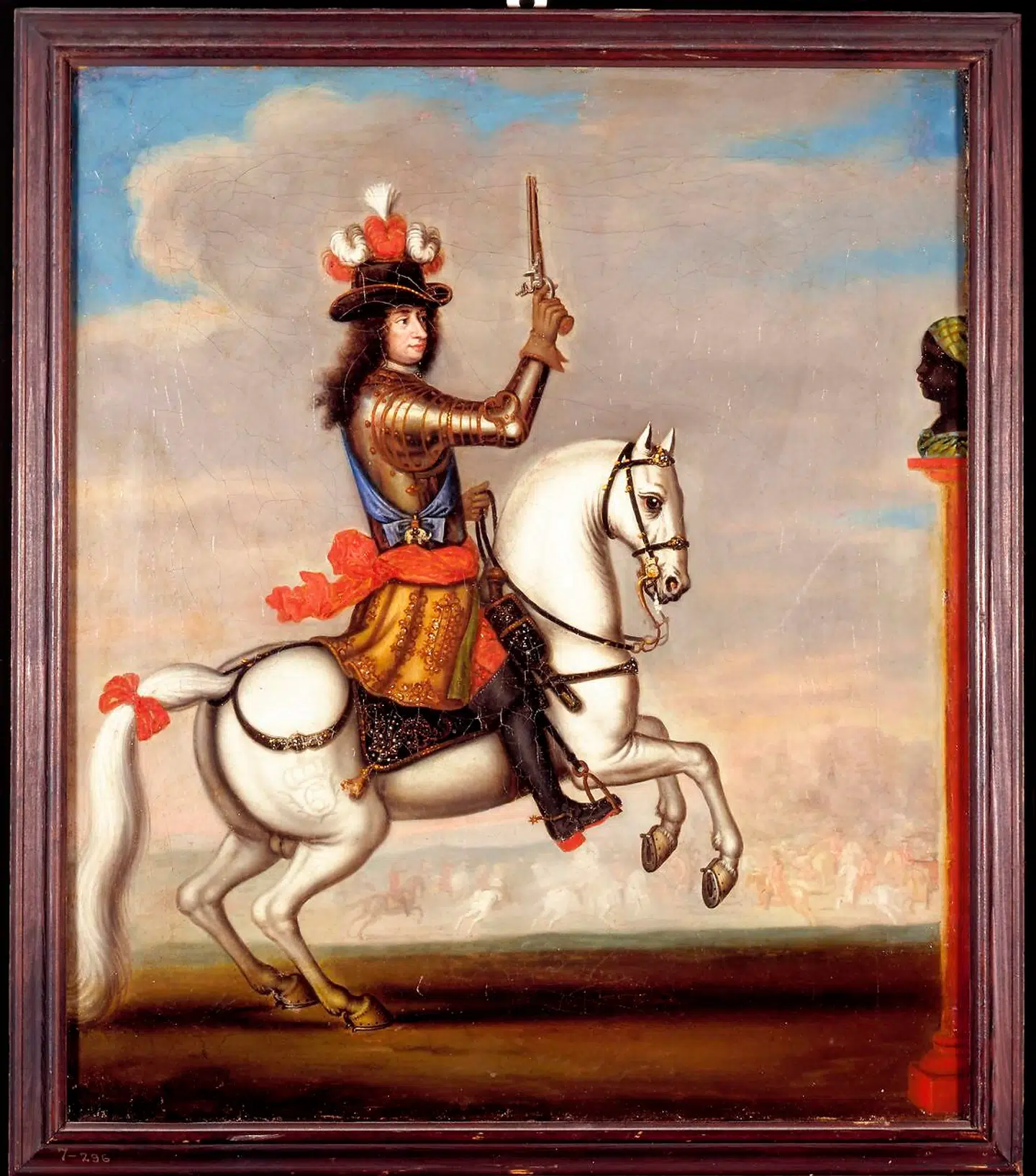 Christian V havde som ung været i Frankrig og set Ludvig XIVs storslåede karuseller, der var turneringer, hvor man skulle ride gennem en fastlagt rute og derpå støde et træhoved ned fra en stage. Disse hoveder var tyrkere eller såkaldte morianere (sorte). Her ses Christian i en sådan karussel. På udstillingen på Rosenborg vises en række malerier fra karusellerne.