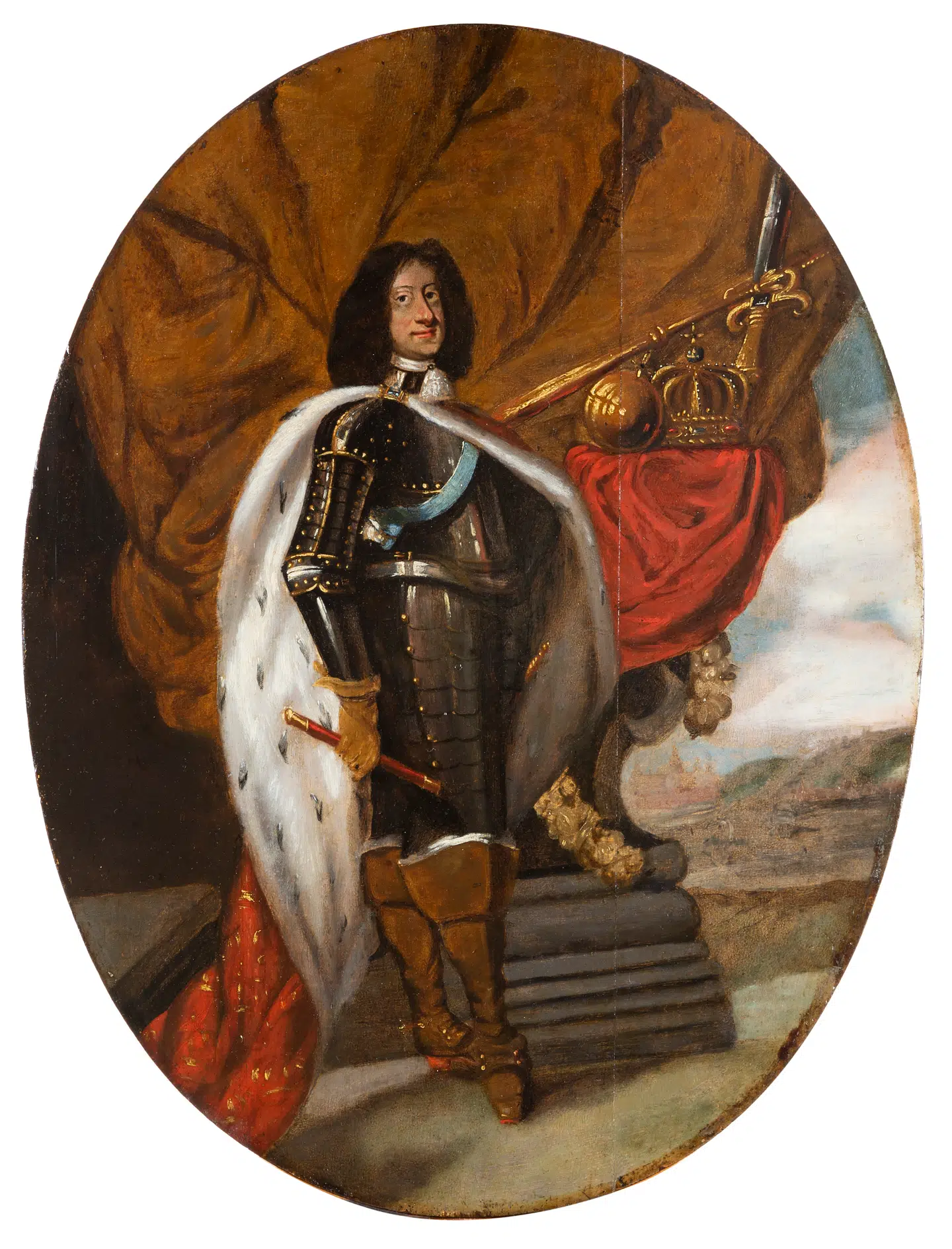 Christian V i fuld udrustning. Maleriet vises på udstillingen.