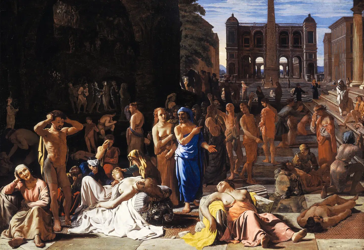 Den fine nederlandske maler Michel Sweert malede omkring 1652 dette maleri af en antik by, der er ramt af pesten. I forgrunden ses døde eller døende mennesker og sørgende slægtninge. Da pesten i 1711 ramte Danmark blev jøderne beskyldt for at have forgiftet brøndene, og flere blev anholdt, men kongen frigav dem. Jeanette Varberg og Poul Duedahl sammenligner beskyldninger mod jøderne med beskyldningerne mod kineserne for at have skabt coronaepidemien. Det er en ganske uholdbar sammenligning.