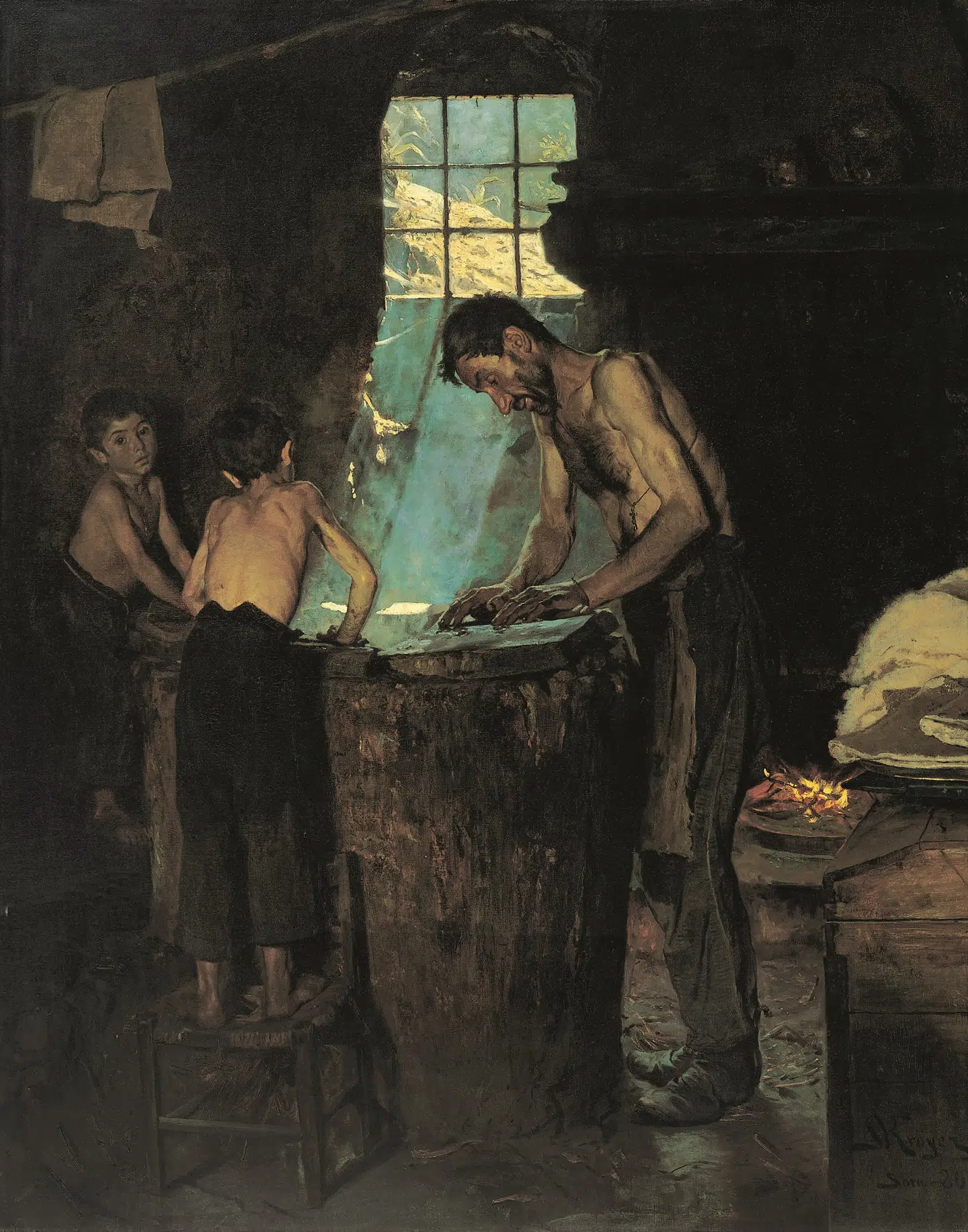P.S. Krøyer: »Italienske Landsbyhattemagere. Sora«, 1880, 135,3 x 107 cm. Maleriet blev P.S. Krøyers internationale gennembrud.