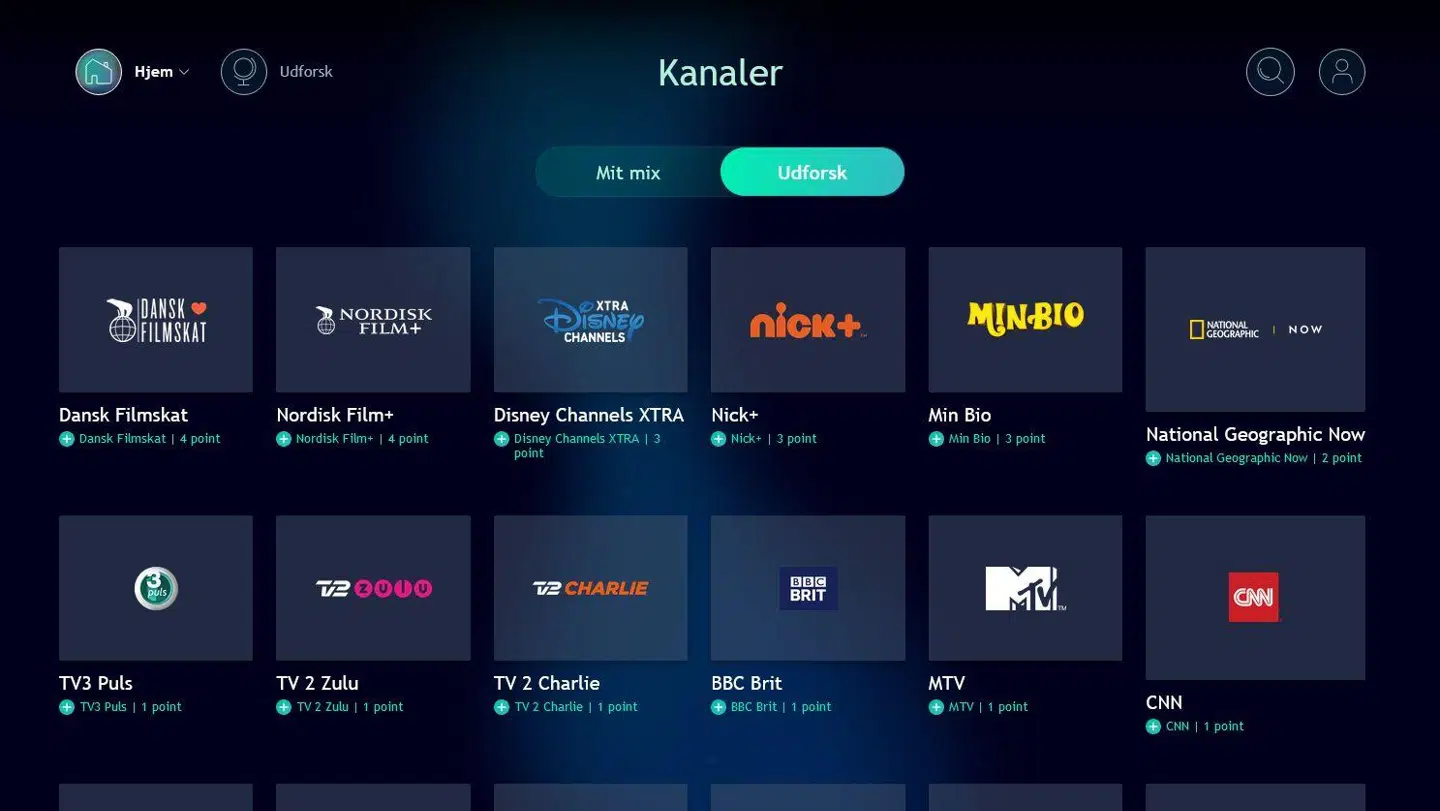 Man kan udforske, hvilke øvrige TV-kanaler og streamingtjenester man vil kunne få adgang til, og hvor mange points der skal bruges på hver enkelt. YouTV lover, at antallet af kanaler og streamingtjenester løbende udvides.