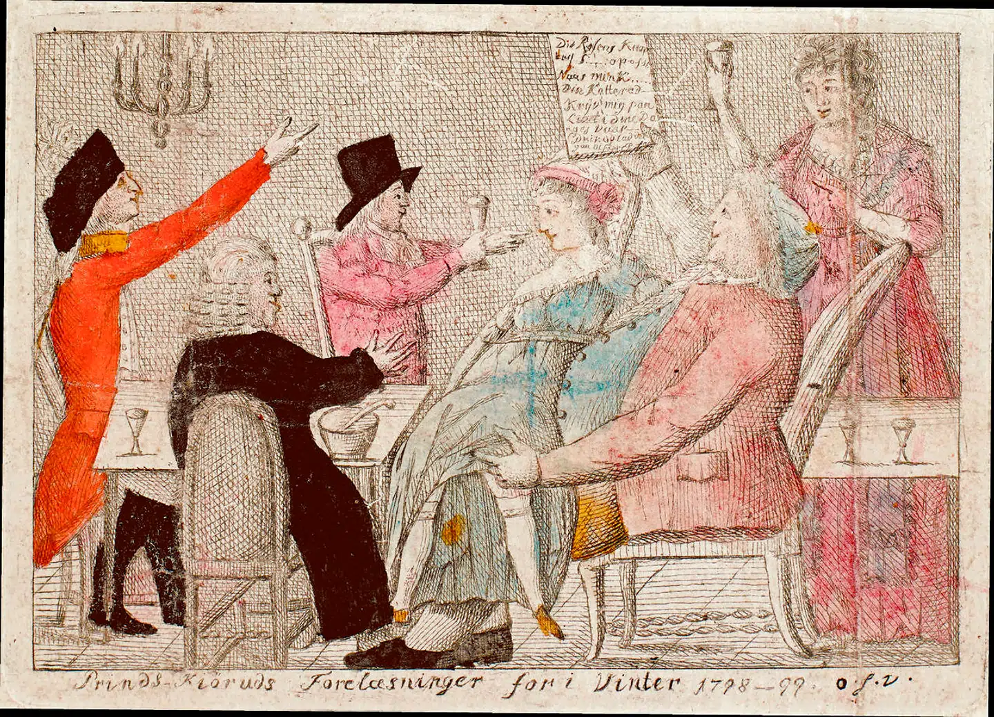 Der udviklde sig aldrig en egentlig pornografi i Danmark, som der gjorde i Frankrig. Det frækkeste, man forsøgte sig med, var et stik som dette, som viser en af tidens værthusscener. På stikket ser man Anders Nielsen Winther, der også blev kaldt Prins Kiørud. Han var kro- og bordelejer og boede i Ulkegade. Han kaldte sig også professor Winther, fordi han holdt forelæsninger for sine gæster. Her har han en pige på skødet, mens han forelæser. Stikket er dog ikke fra Struensee-perioden, men fra 1798, for man tillod også efter Struensees fald en vis ytringsfrihed, der dog blev lukket endeligt ned i 1799.