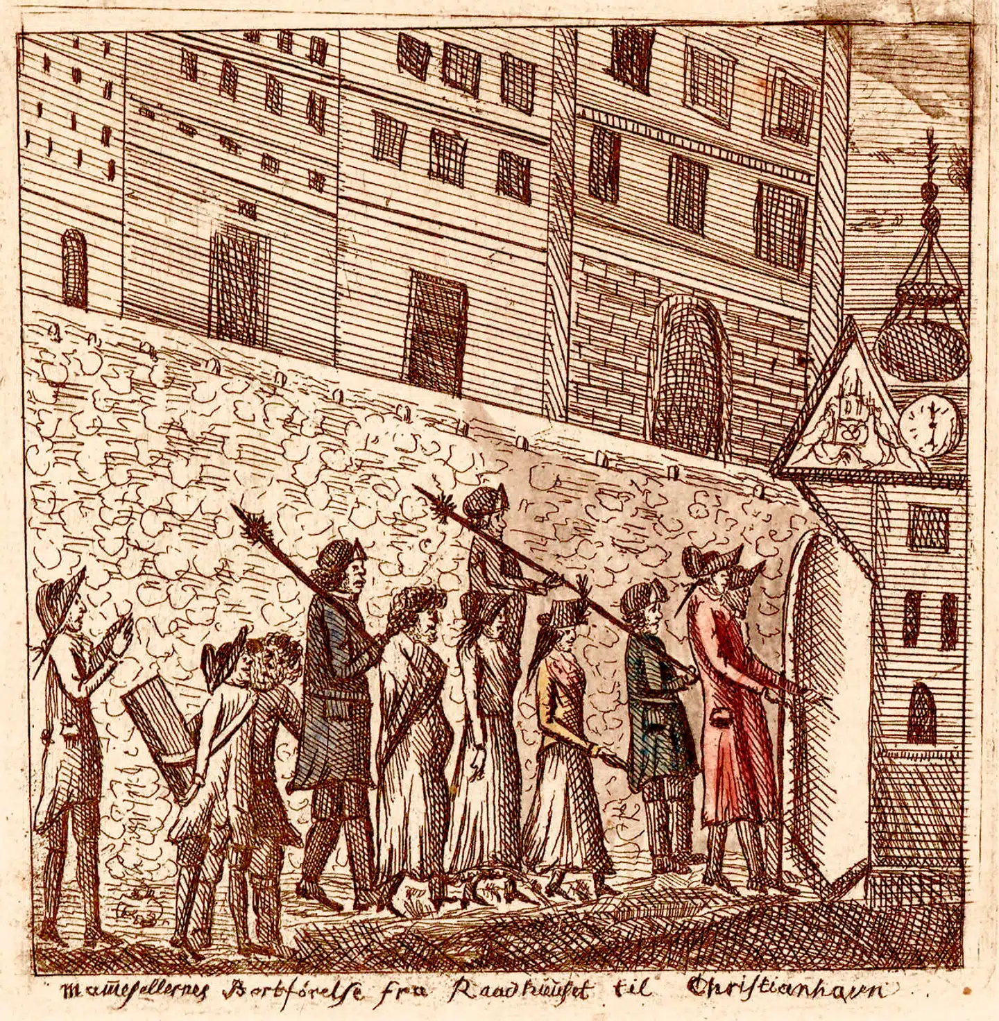 Under den såkaldte udfejelsesfest i 1772 blev mindst 72 bordeller stormet, og mange kvinder blev krænket. Folkestemningen var aggressiv over for kvinderne, og skribenten Martin Brun jublede over hævnaktionerne mod de prostituerede. På stikket ser man tre anholdte kvinder blive ført fra arresten på Gammeltorv til Tugt- og Børnehuset på Christianshavns Torv. De tre piger ledsages af politifolk og vægtere. Til venstre overværer tre tilskuere leende optoget.