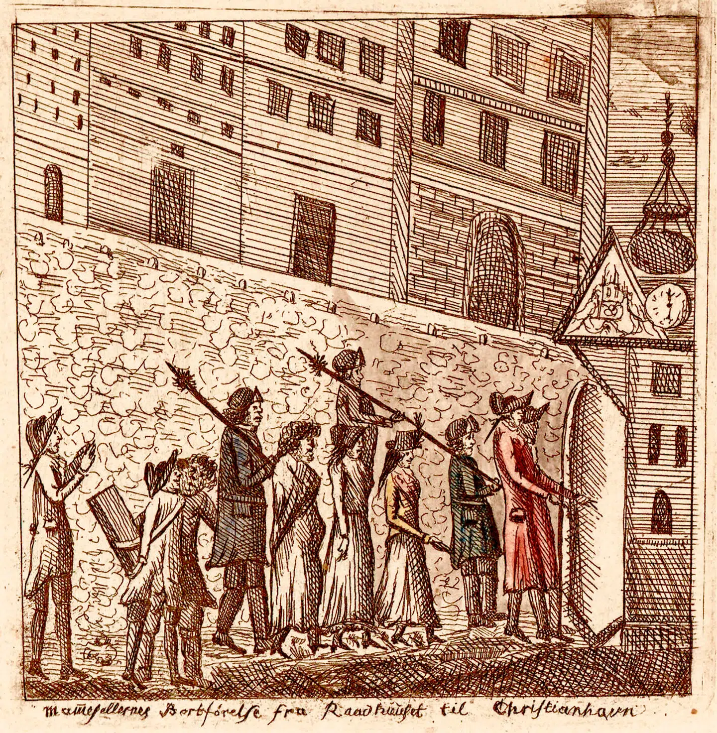 Under den såkaldte udfejelsesfest i 1772 blev mindst 72 bordeller stormet, og mange kvinder blev krænket. Folkestemningen var aggressiv over for kvinderne, og skribenten Martin Brun jublede over hævnaktionerne mod de prostituerede. På stikket ser man tre anholdte kvinder blive ført fra arresten på Gammeltorv til Tugt- og Børnehuset på Christianshavns Torv. De tre piger ledsages af politifolk og vægtere. Til venstre overværer tre tilskuere leende optoget.