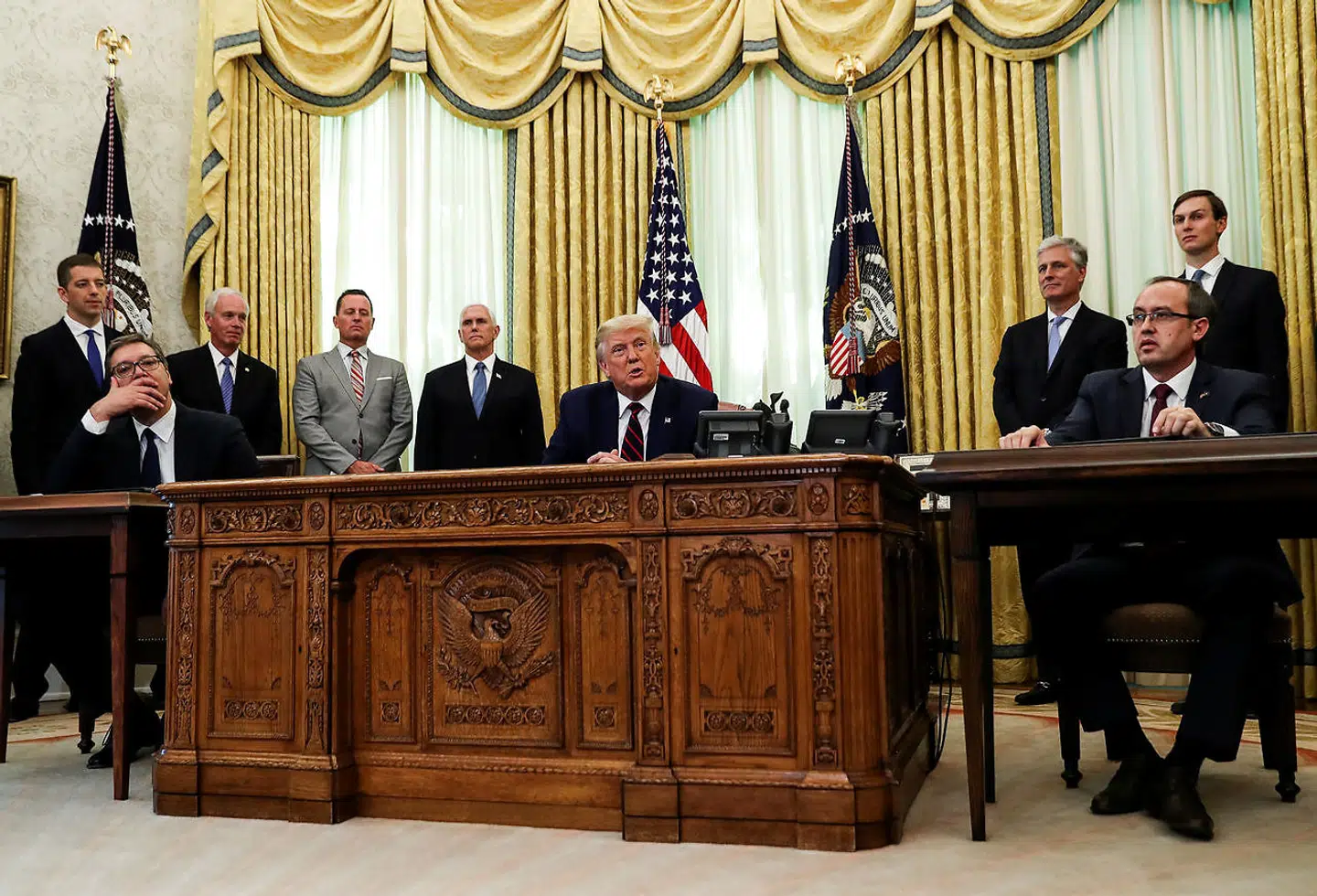 USAs præsident, Donald Trump, taler under et møde med Serbiens præsident, Aleksandar Vucic, and Kosovos premierminister, Avdullah Hoti, i Det Hvide Hus i Washington, 4. september 2020.