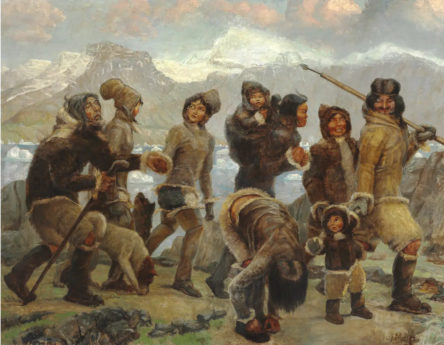 Harald Molkte var maler og deltog i en række grønlandstogter. Han var også sammen med Knud Rasmussen på dennes første ekspedition. Moltke malede en række motiver fra Grønland, og dette maleri blev i år erhvervet af Knud Rasmussens Hus. Det viser inuitter, som man kan identificere.