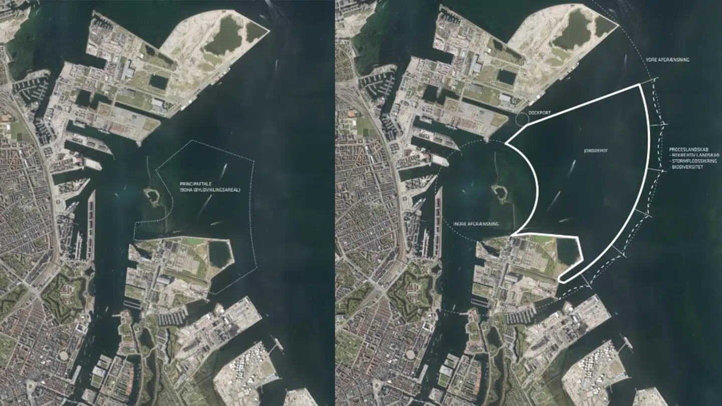 Til venstre ses Lynetteholm som den så ud, da projektet blev præsenteret i 2018. Til højre ses den udgave af Lynetteholm, som blev præsenteret sidste år, og som man arbejder efter nu.
