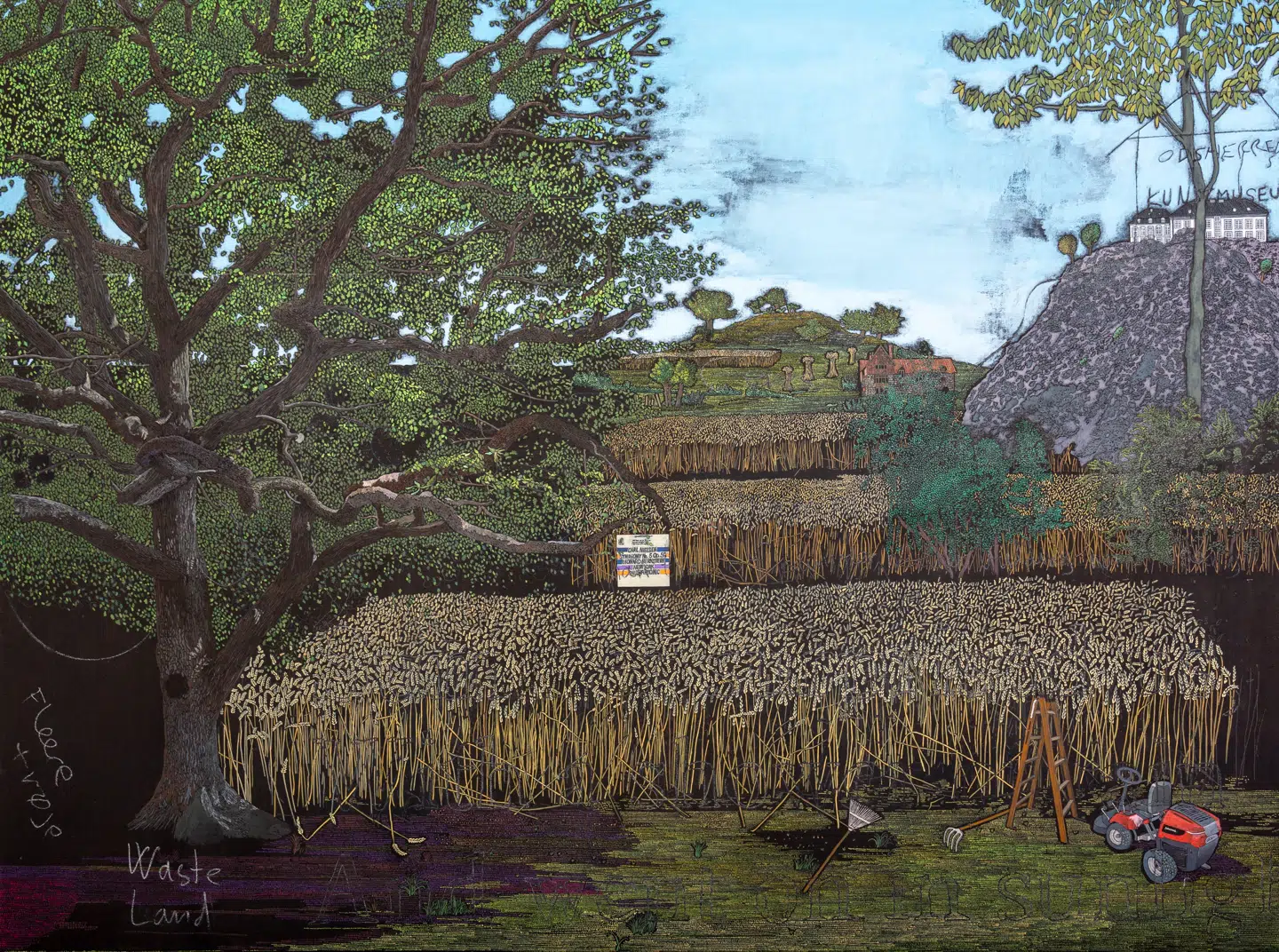 »Summer surprised us ...«, 2019-20, Akryl, skolekridt, 2H-blyant og gesso på hørlærred. Linjen er fra T.S. Eliots »The Waste Land«. Bemærk den røde havetraktor.