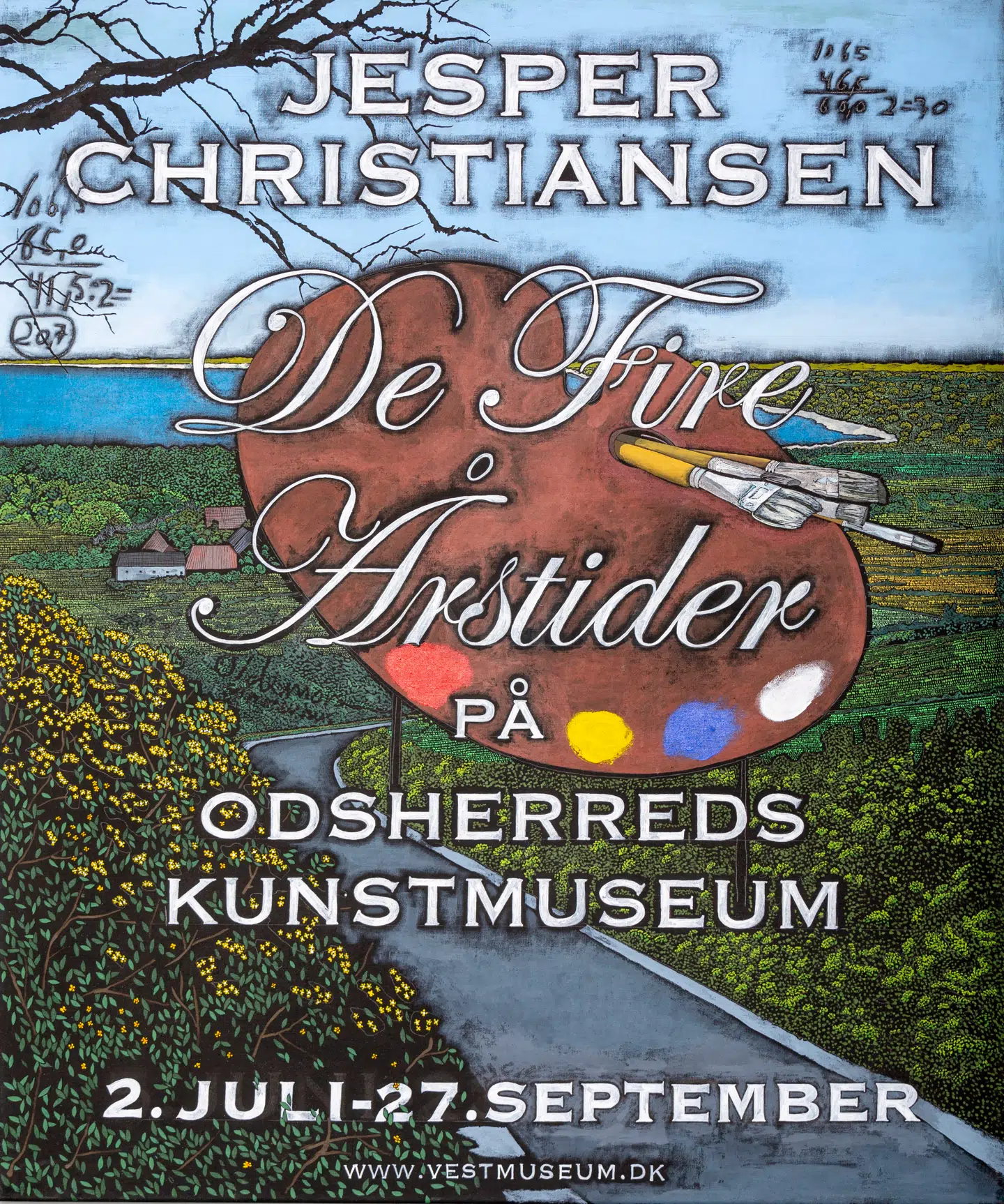 Til udstillingen har Jesper Christiansen malet en rigtig plakat. Med både typografi og skriveskrift.