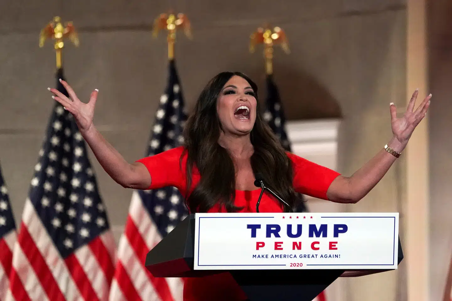 Donald Trumps svigerdatter Kimberly Guilfoyle, der er kæreste med Donald Trump Jr., var også på talerstolen på førstedagen for partikonventet. Kevin Lamarque/Reuters