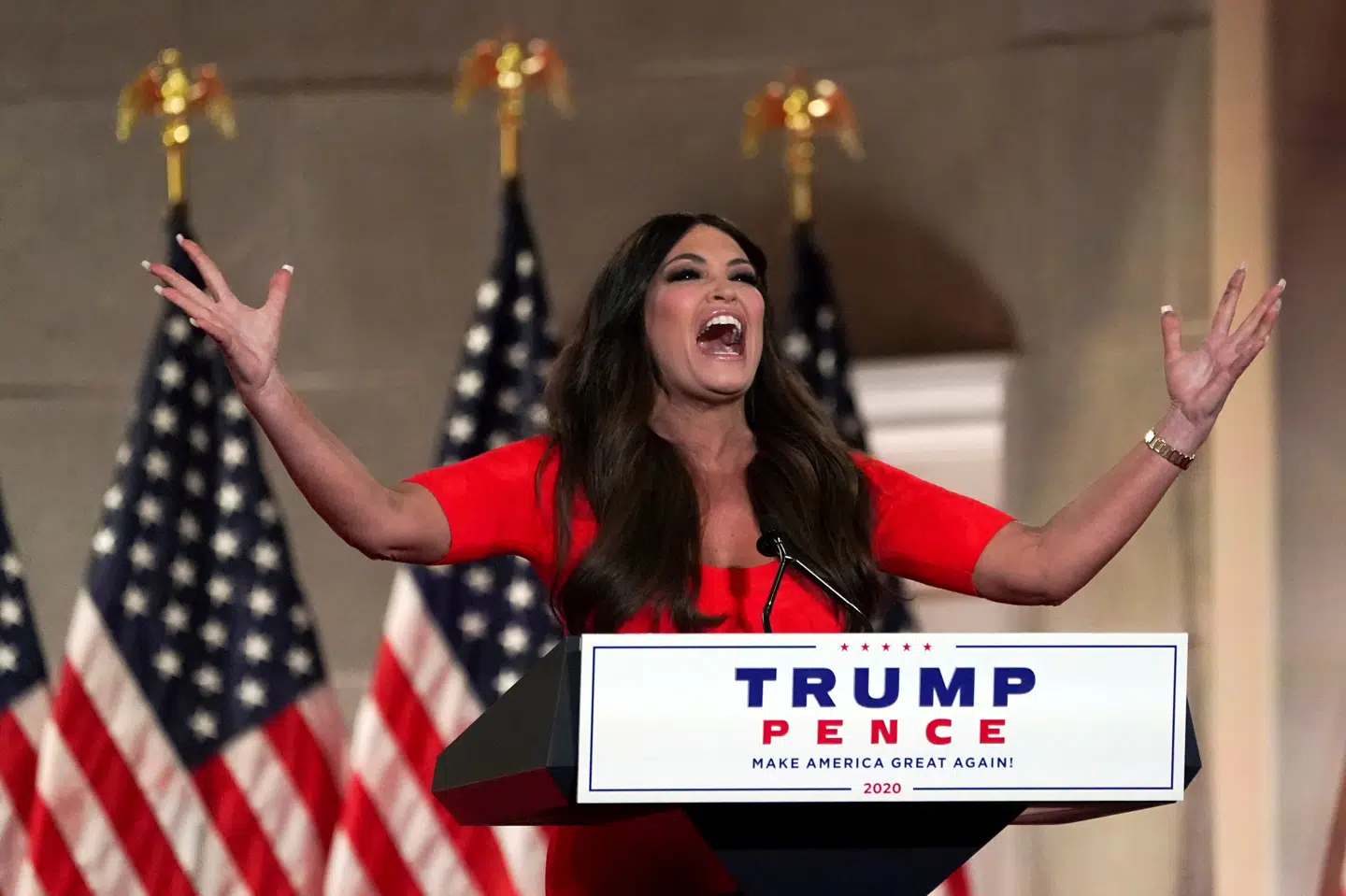 Donald Trumps svigerdatter Kimberly Guilfoyle, der er kæreste med Donald Trump Jr., var også på talerstolen på førstedagen for partikonventet. Kevin Lamarque/Reuters