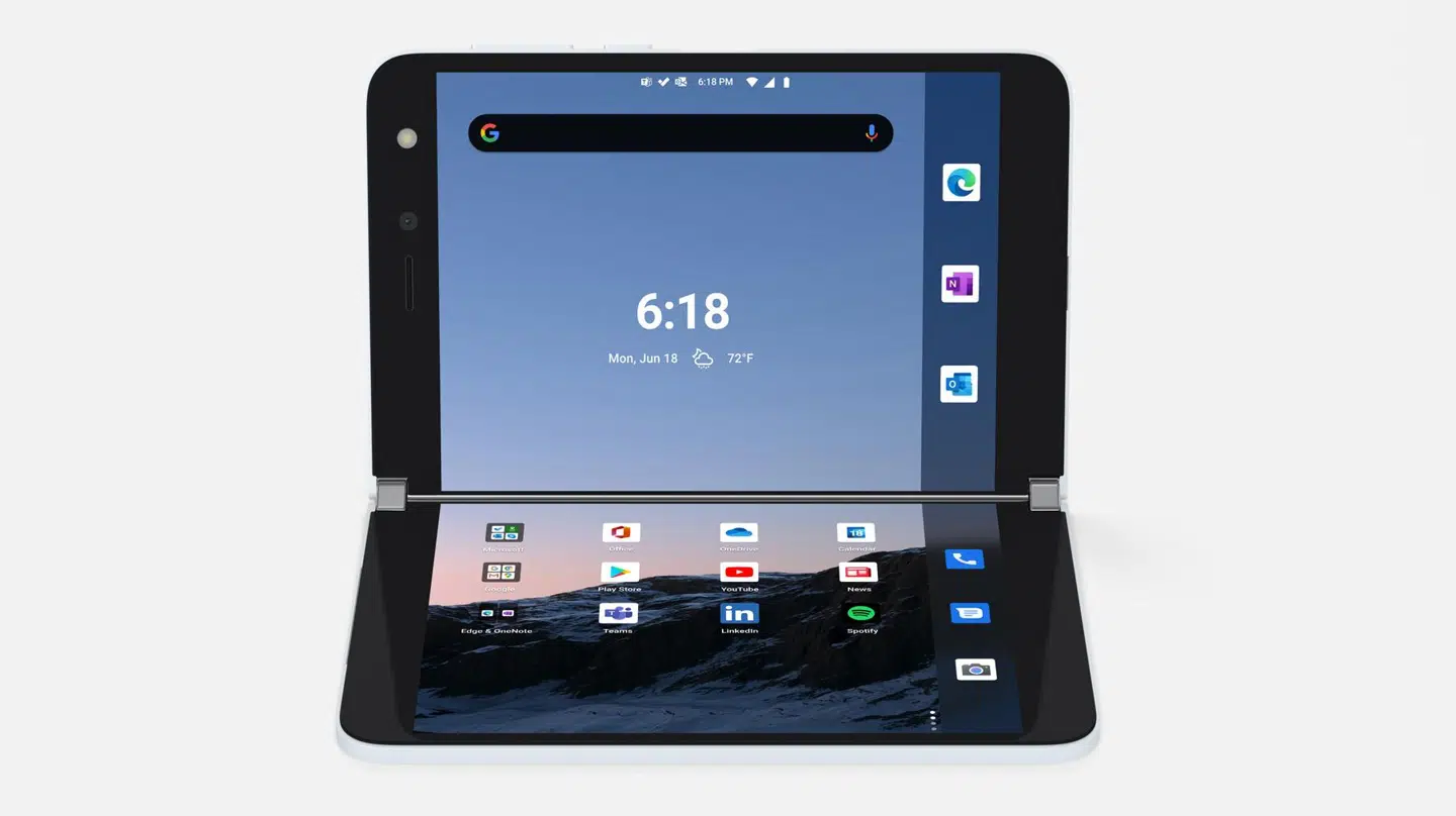 Surface Duo er tænkt til arbejdsbrug og kan også anvendes som en mini-PC som vist her.