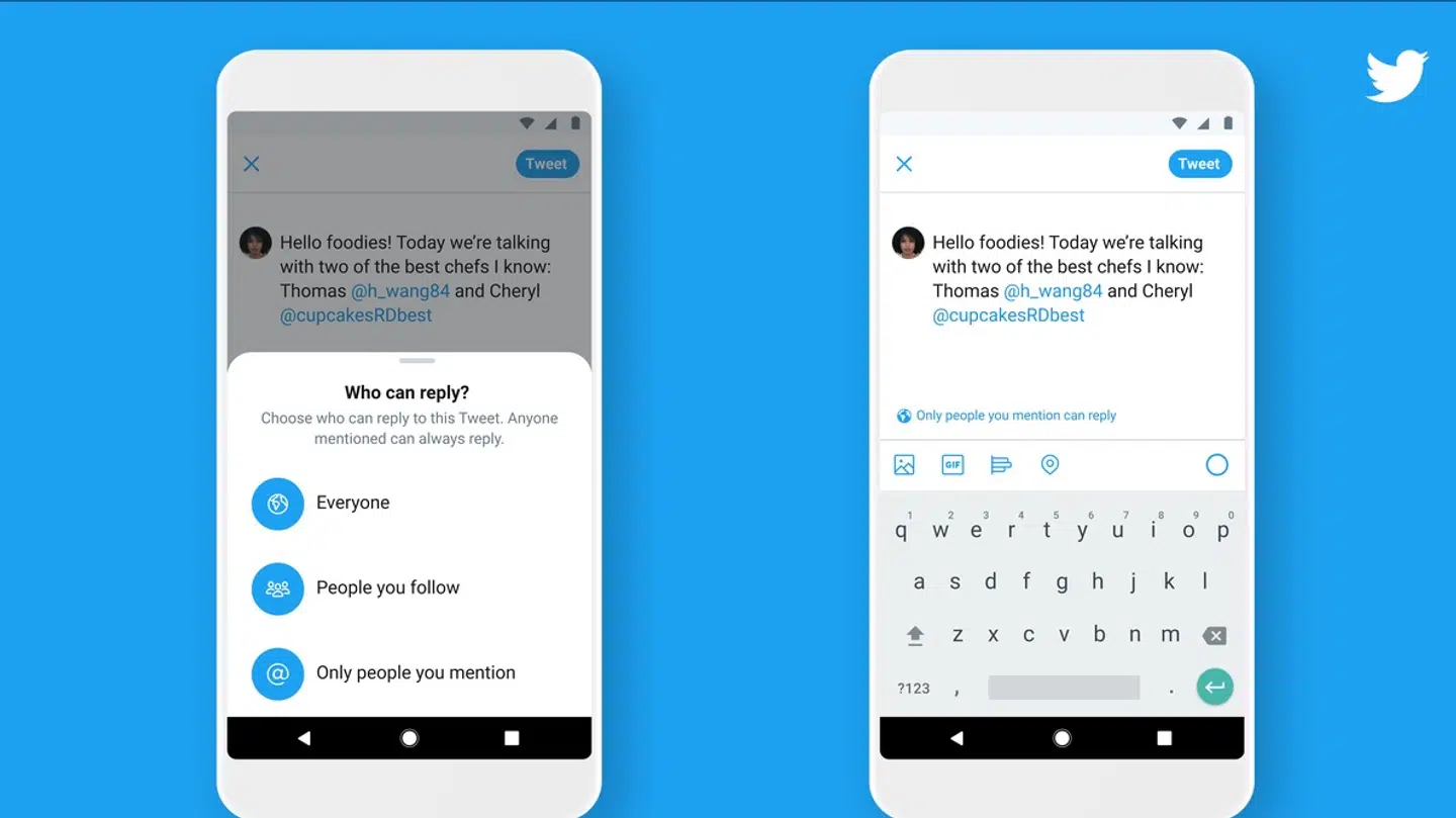 Sådan virker den nye Twitter-funktion: Når man har skrevet en besked, vælger man, hvem der kan svare på den: 1) Alle, 2) Brugere, som man selv følger, 3) Kun brugere, som er nævnt i beskeden. Efterfølgende kan man se (til højre), hvad man har valgt.