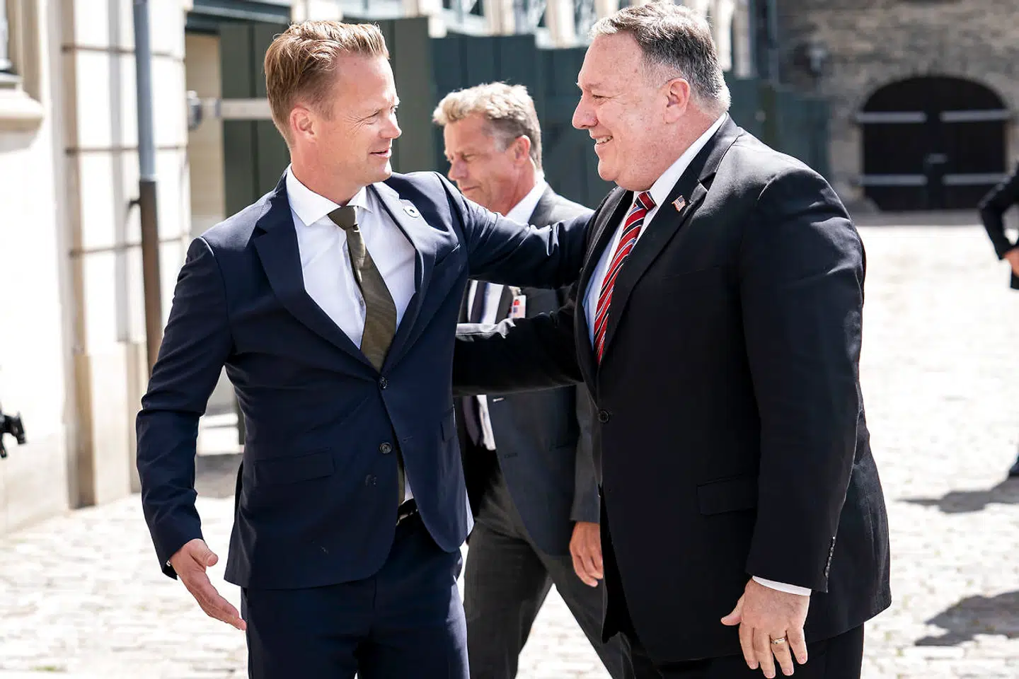 USA's udenrigsminister, Mike Pompeo ankommer til mødet med udenrigsminister Jeppe Kofod (S), Grønlands naalakkersuisoq for udenrigsanliggender, Steen Lynge, og Færøernes landsstyremedlem for udenrigsanliggender, Jenis av Rana, om det arktiske samarbejde, i København onsdag den 22. juli 2020.. (Foto: Niels Christian Vilmann/Ritzau Scanpix)