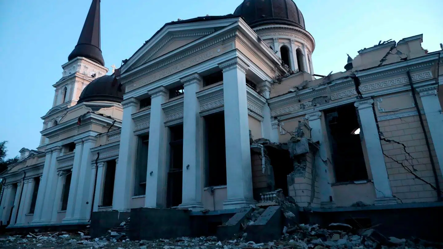 This photograph taken early on July 23, 2023, shows the Transfiguration Cathedral building damaged as a result of a missile strike in Odesa. At least one person was killed and more than 15 wounded in a Russian attack on the southern Ukrainian port city of Odesa, the governor of the region said. (Photo by Oleksandr GIMANOV / AFP)