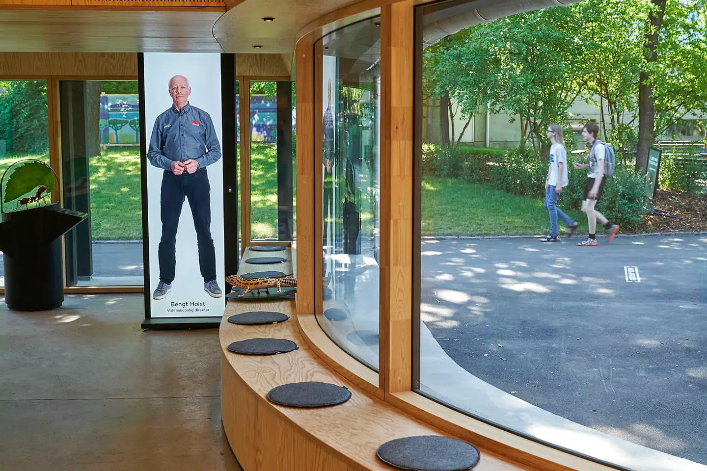 De krumme termoruder er helt nødvendige for at fastholde det sammenhængende udtryk. Siddekanten er i beton på ydersiden og krydsfinér på indersiden.