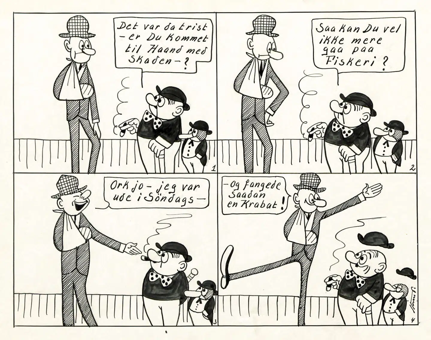 Storm P.: Peter Vimmelskafts Oplevelser. Det lader sig gøre. BT. 24.01.1941. Bemærk den lange mand til sidst, der synes at efterligne Heil Hitler-hilsen og strækmarch. En subtil form for satire.