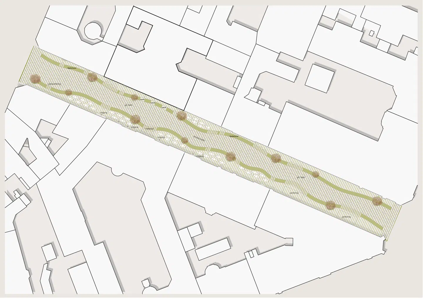 Her ses en illustration af Ny Adelgade fra oven, som projektgruppen forestiller sig, at den tager sig ud, efter at p-pladser er erstattet af udeservering og grønt.