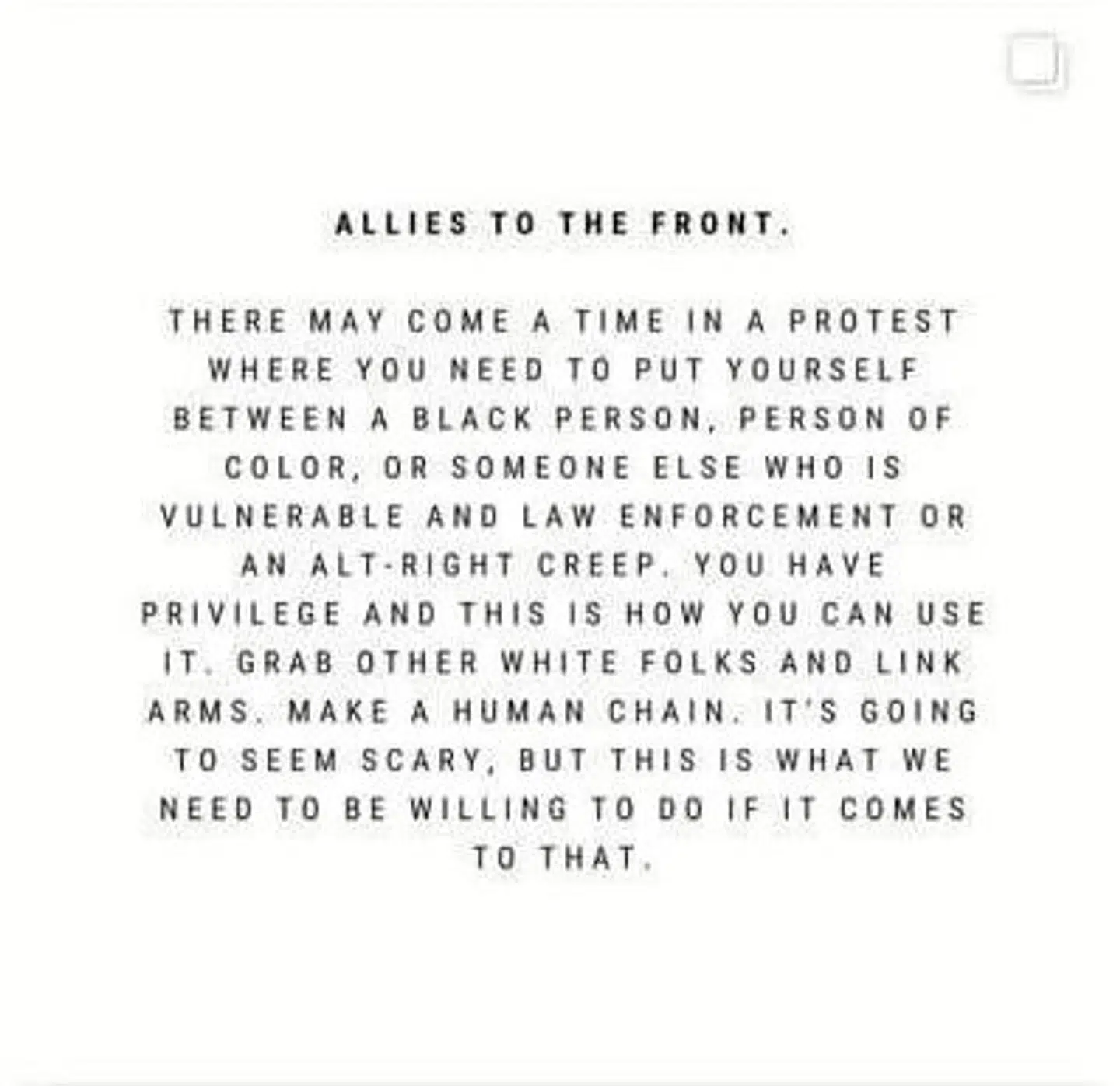 Opfordring til at hvide personer former en menneskelig kæde mellem sorte og eksempelvis politiet fra Black Lives Matter Denmarks Instagram.