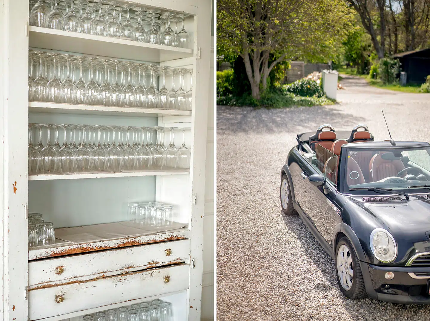 I indretningen bruger Alexander Kølpin en del patinerede møbler – hans Mini Cooper her på gårdspladsen ser til gengæld skinnende ny ud.