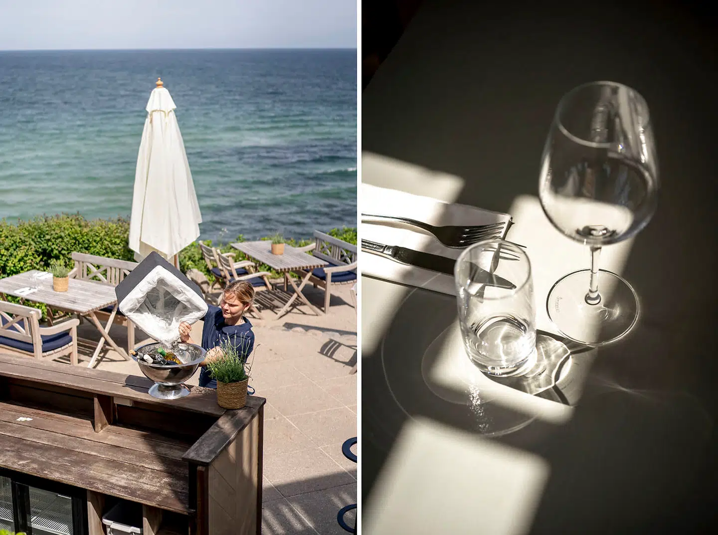 På terrassen kan man spise sin frokost – eller middag – få meter fra Kattegat.