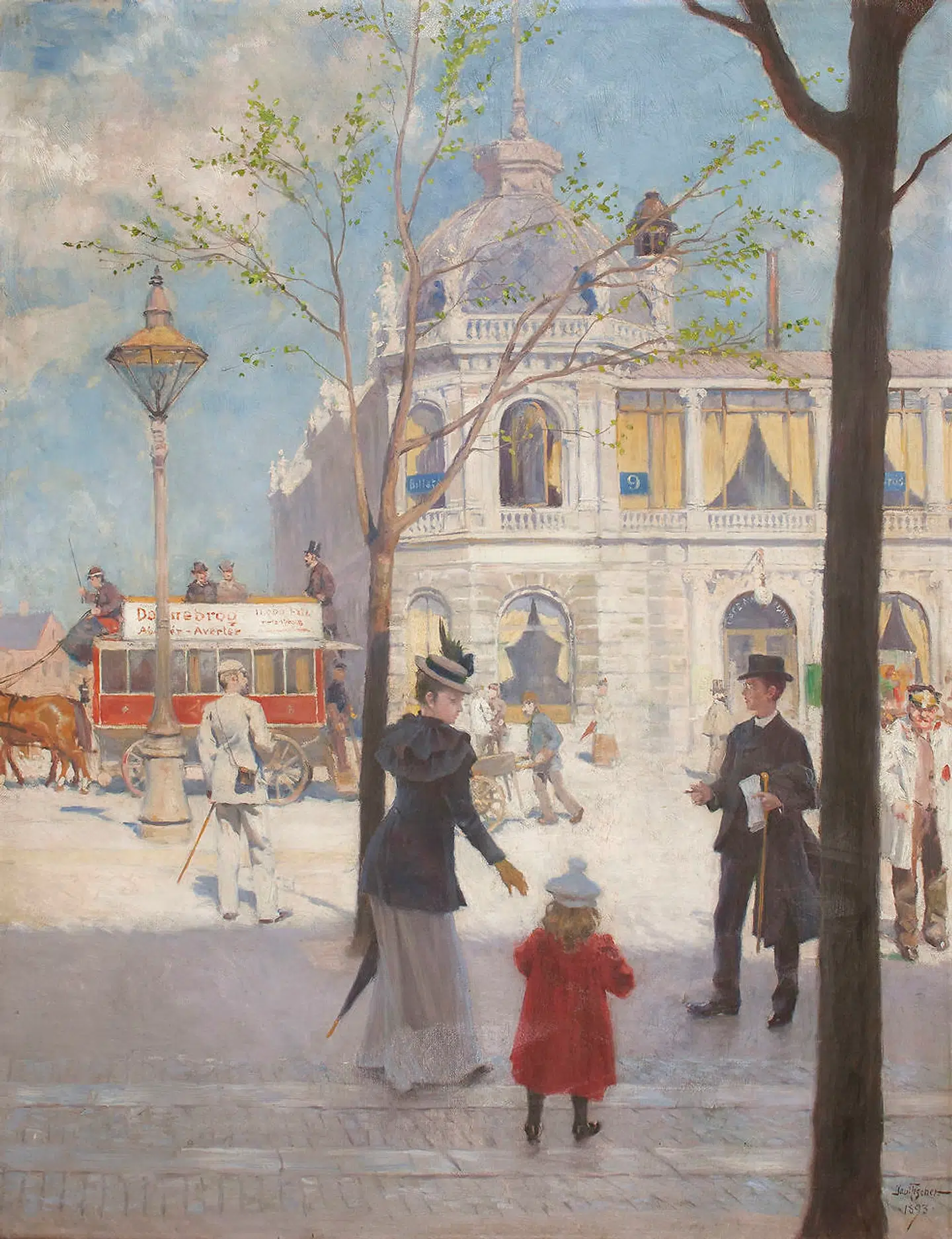 Paul Fischer kunne godt lide sne, regn og dårligt vejr. Han elskede, når brostenene blev våde og spejlede noget af byen. Men der var undtagelser, som her i det tidlige maleri »Forårsdag ved National Scala«, der er fra 1893.