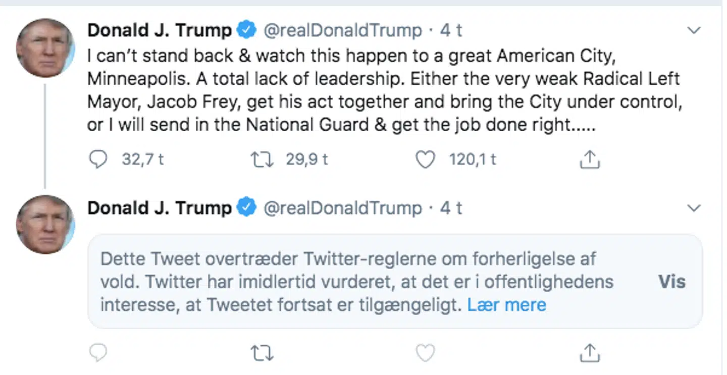 Skærmfoto af, hvordan præsident Trumps tweets vises på Twitter.