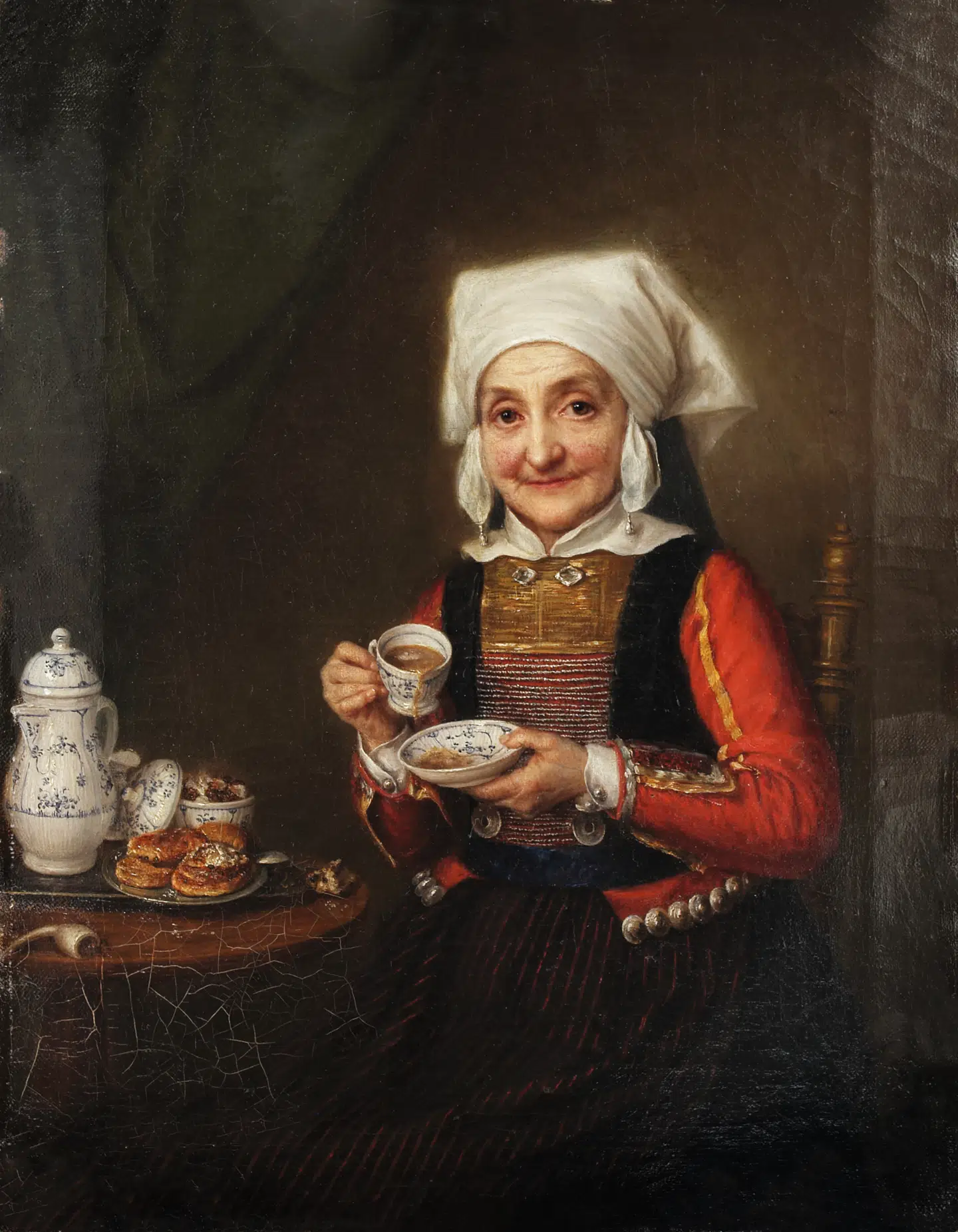 En kvinde fra Sydslesvig malet af Friederike Westphal. Hun sidder med sin kaffe og noget, der ligner kongeligt dansk porcelæn.