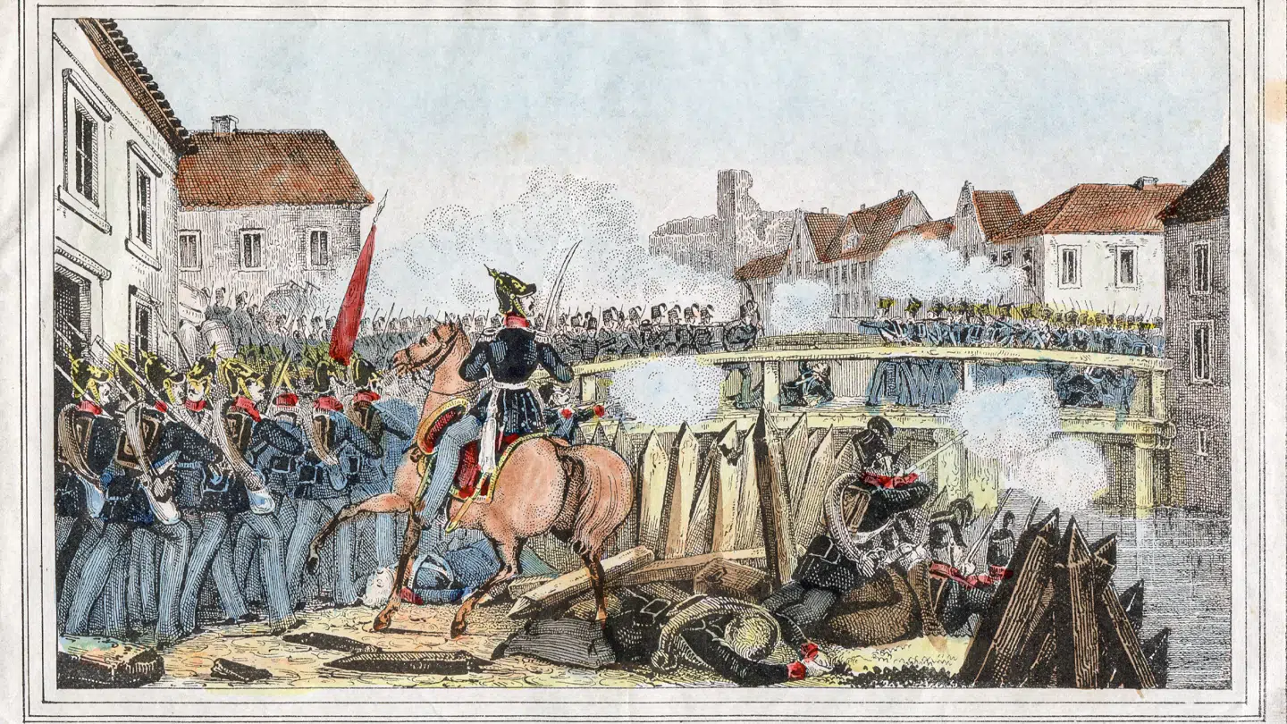 Der kæmpes på broen over Kolding Å i april 1848. Oprørshæren fra Slesvig-Holsten drog med tysk hjælp op gennem Jylland.