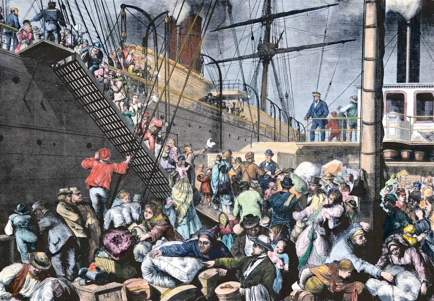 Cirka en tredjedel af de dansksindede i Nordslesvig rejste til Danmark og USA efter 1864-krigen. Mange tog turen til Hamborg og derfra med skib til Amerika. Dette håndkolererede stik er fra 1880 og viser Amerikabåden i Hamburgs havn.