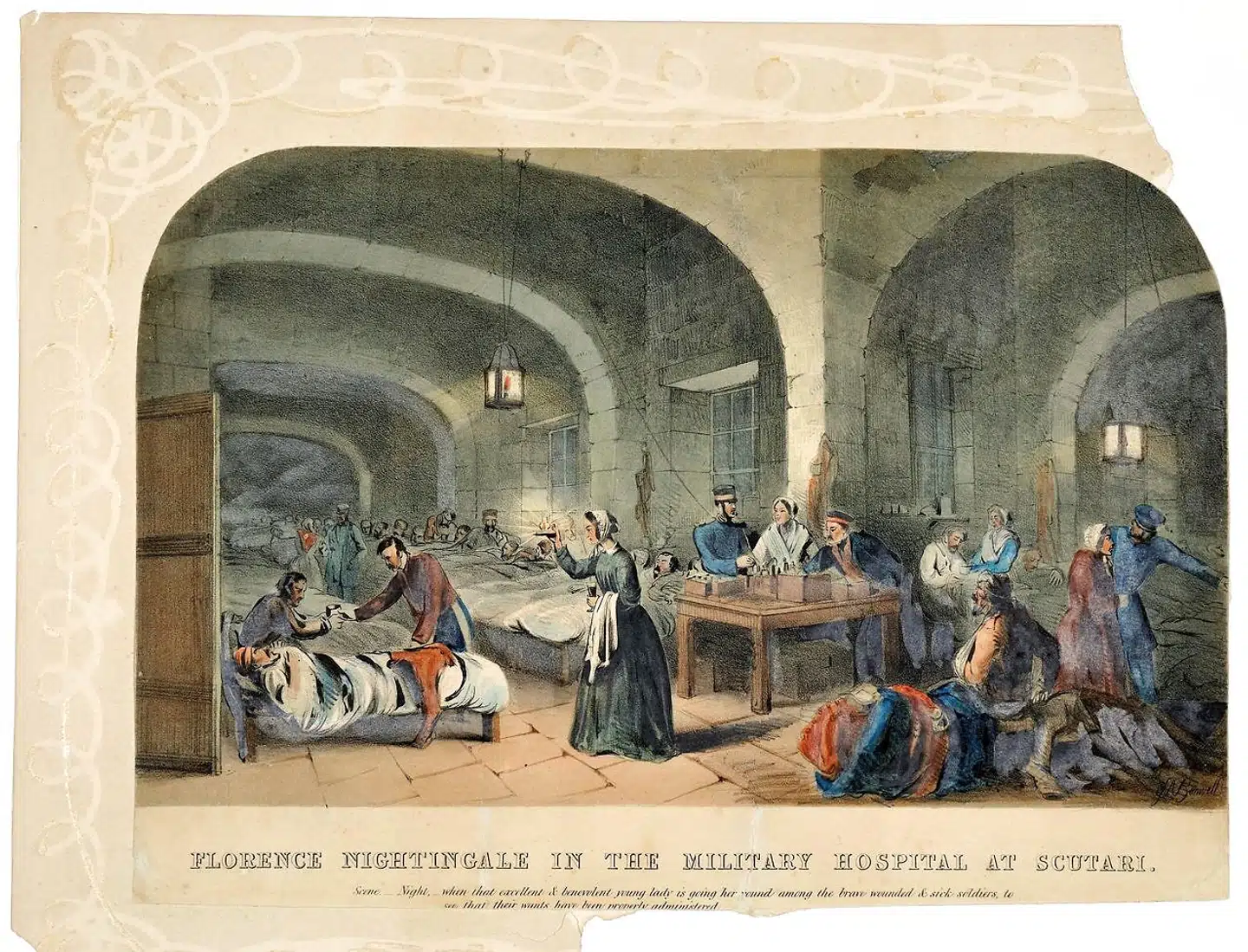 Florence Nightingale i den romantiske version som »kvinden med lampen« på hospitalet Scutari i det nuværende Istanbul. Virkeligheden har sandsynligvis været knap så stille.