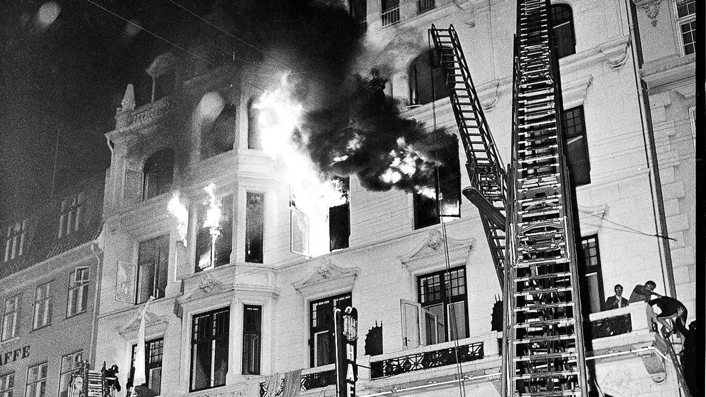 Branden på Hotel Hafnia 1. september 1973. Branden kostede 35 mennesker livet. Arkivfoto Søren Weiss