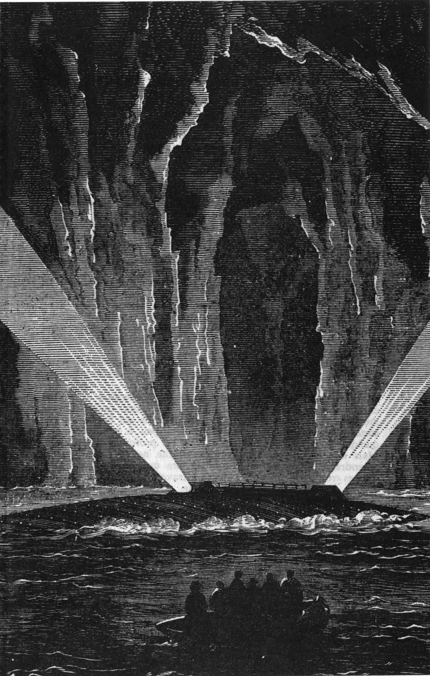 Illustrationen stammer fra originaludgaven til »Den hemmelighedsfulde ø« og viser »Nautilus’« sidste hvilested i øens indre.