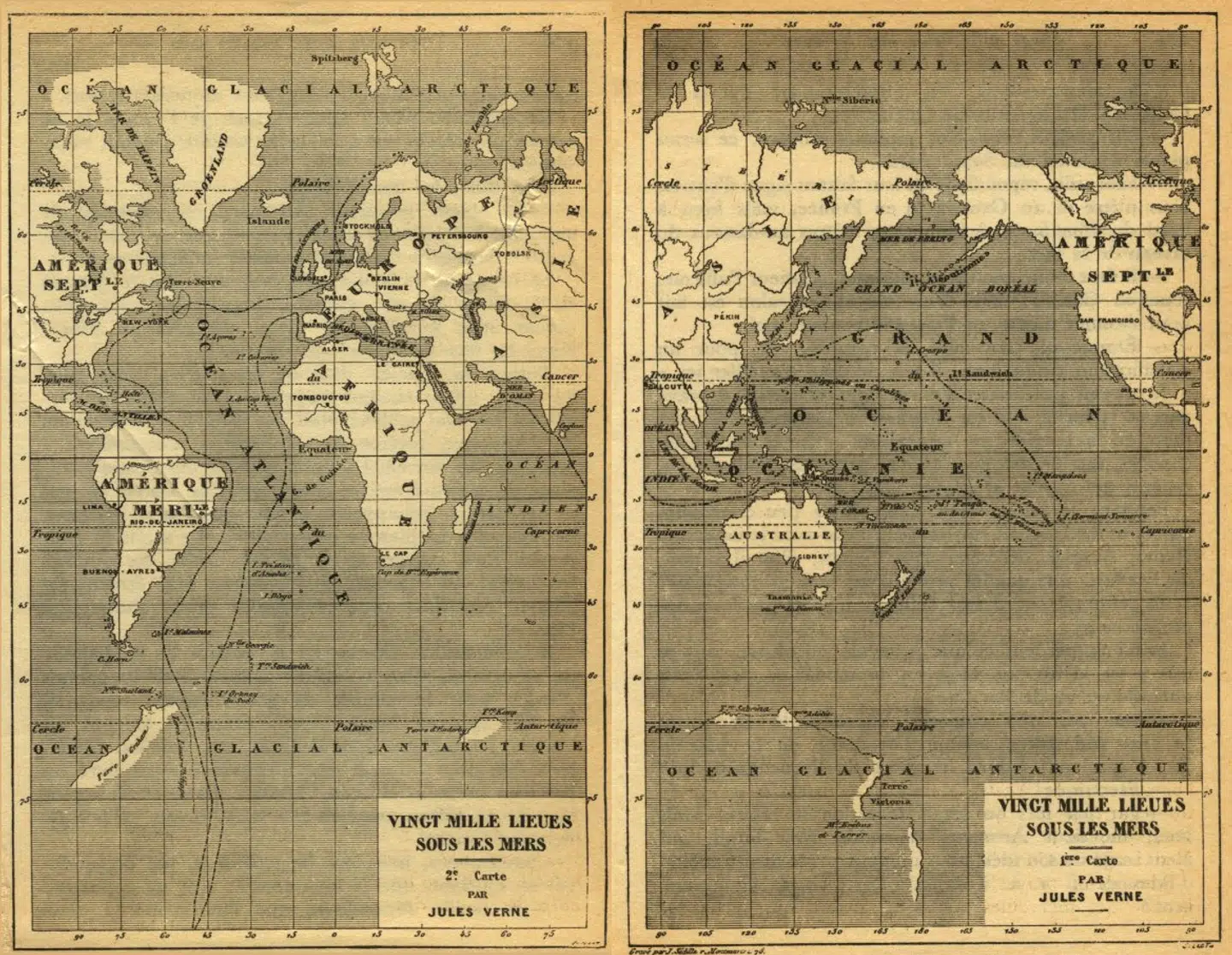 Fangerne på Nautilus rejser 80.000 kilometer – eller hvad der svarer til Jorden rundt to gange. Vernes største havdybde er i øvrigt 16 kilometer og dermed noget større end virkelighedens. Illustration fra originaludgaven.