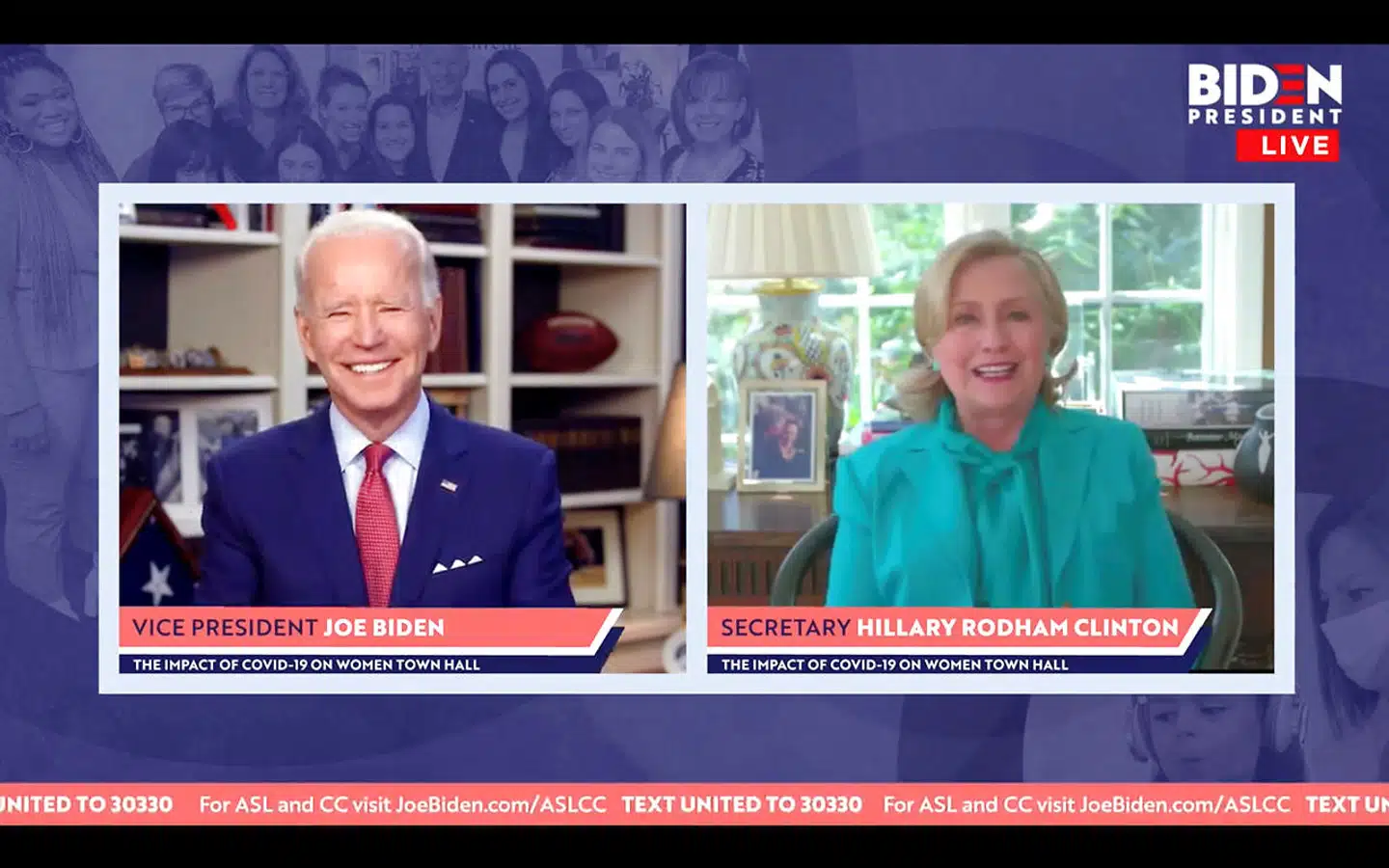 Joe Biden, der her ses i samtale med den tidligere demokratiske præsidentkandidat Hillary Clinton, nyder et forspring i meningsmålingerne i afgørende svingstater ved fra sin kælder stort set kun at udsende optagelser med politiske erklæringer, som et fåtal ser.