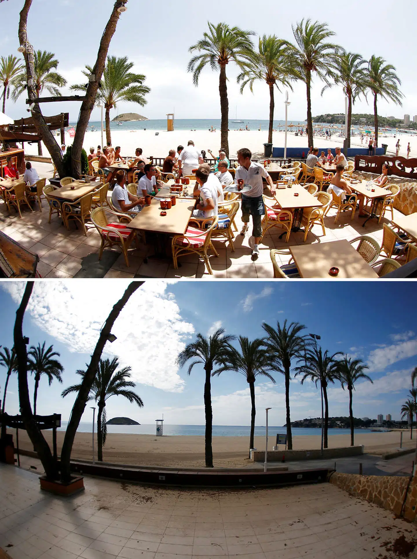 Strandbar i Magaluf på Mallorca – under normale omstændigheder og i coronavirussens vold.