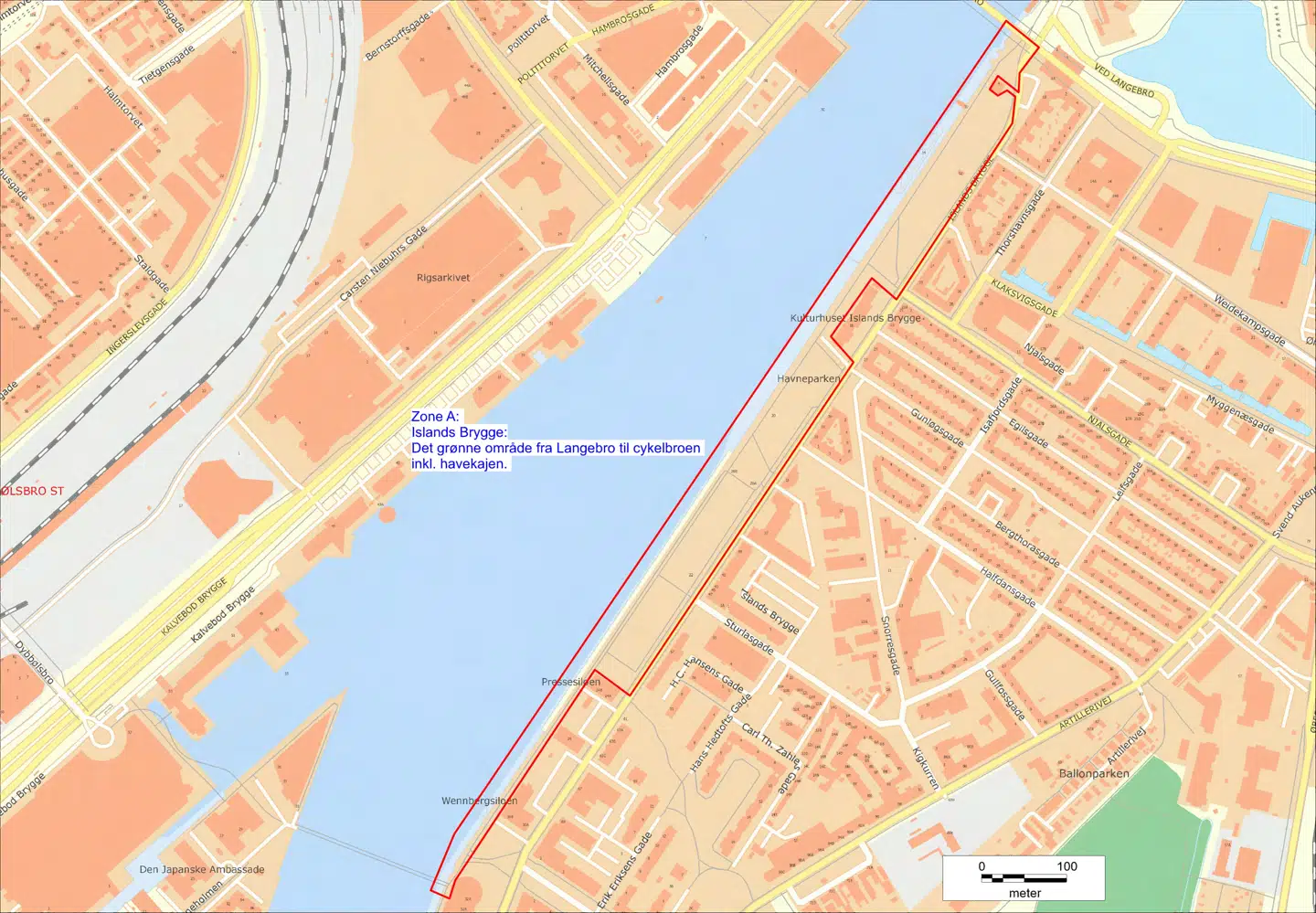 Den røde afmærkning markerer området, hvor det er forbudt at opholde sig til og med 1. maj.