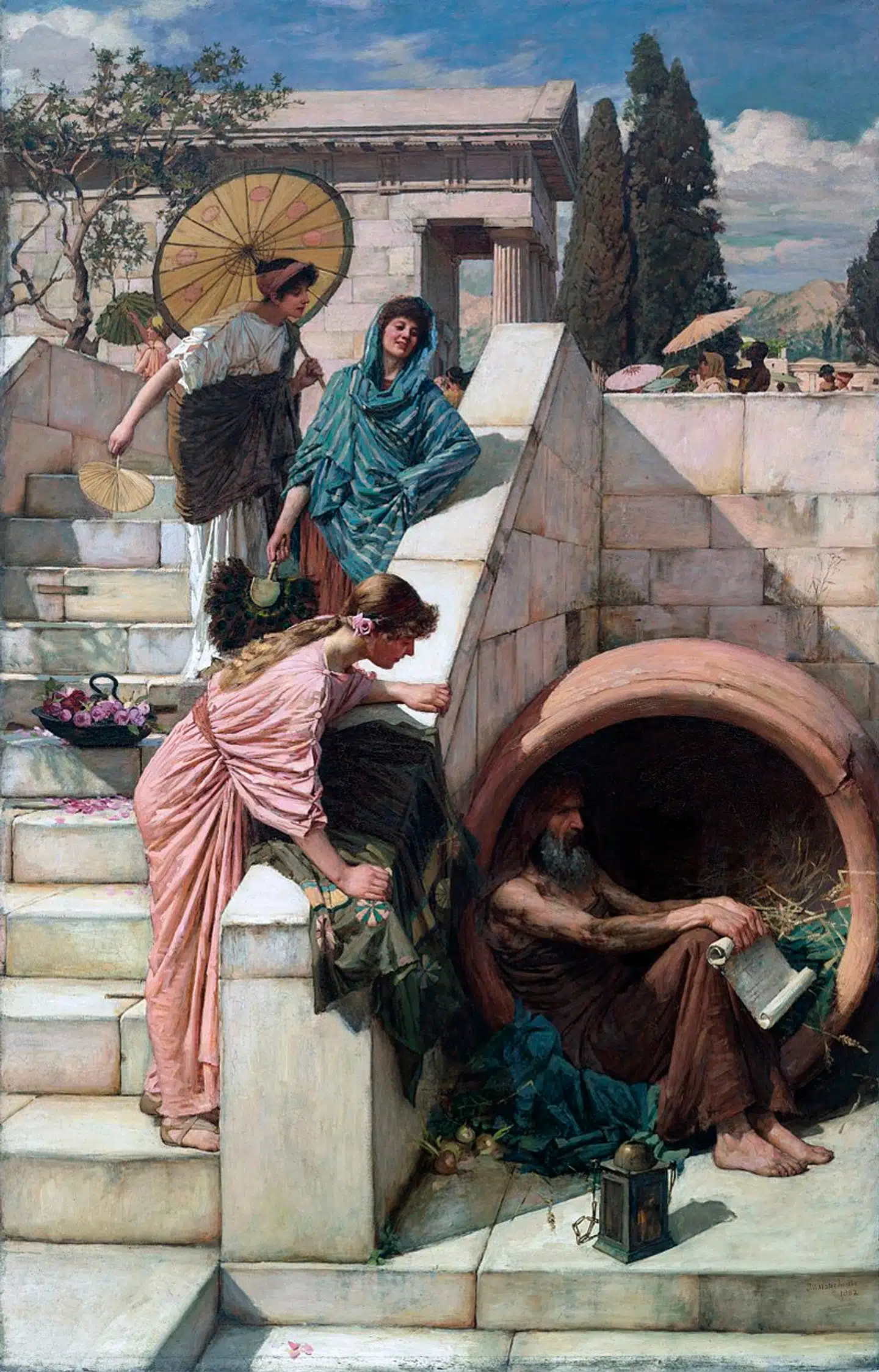 John William Waterhouses maleri fra 1882 af Diogenes i tønden. Billedet hænger i dag på Art Gallery of New South Wales.