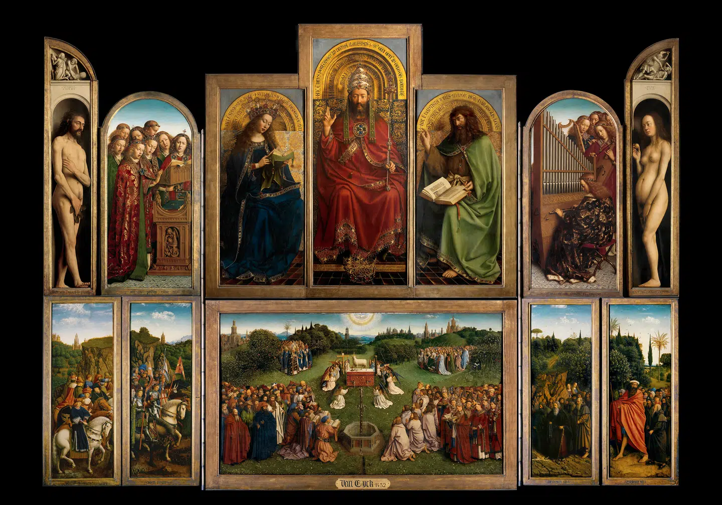 Centralt i Jan van Eycks altertavle til Skt. Bavo-kirken i den belgiske by Gent ses Jesus som lammet, der bliver ofret på et alter, mens et større persongalleri er mødt frem for at tilbede ham. Billedet i midten foroven gengiver Gud, omend nogle også mener, det kan være Kristus, flankeret af Jomfru Marie og Johannes Døberen. Yderst til venstre og højre er de første mennesker, Adam og Eva, afbilledet.