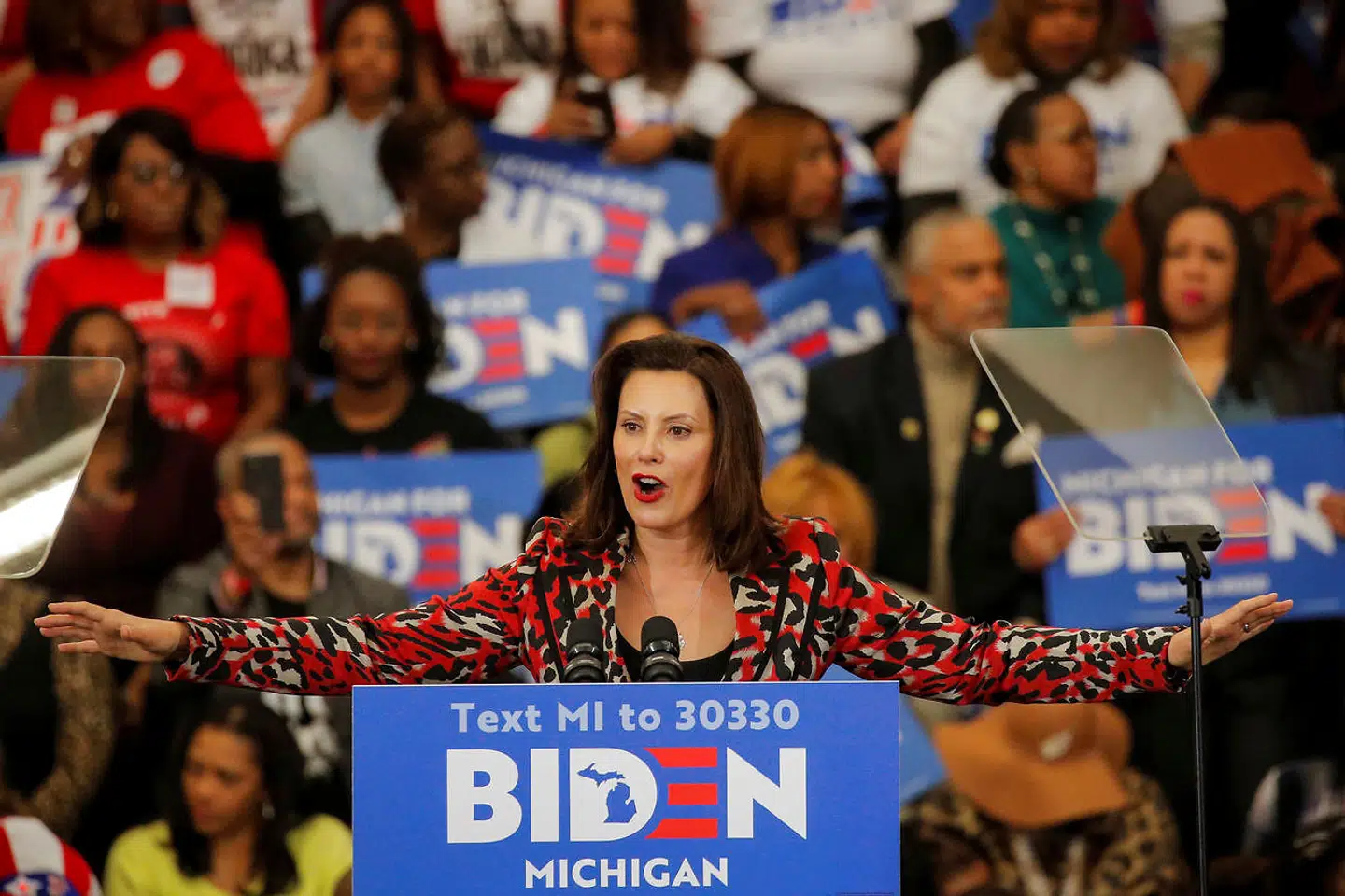Michigans guvernør, Gretchen Whitmer, taler under et valgmøde for Joe Biden i Detroit, Michigan, i begyndelsen af marts.