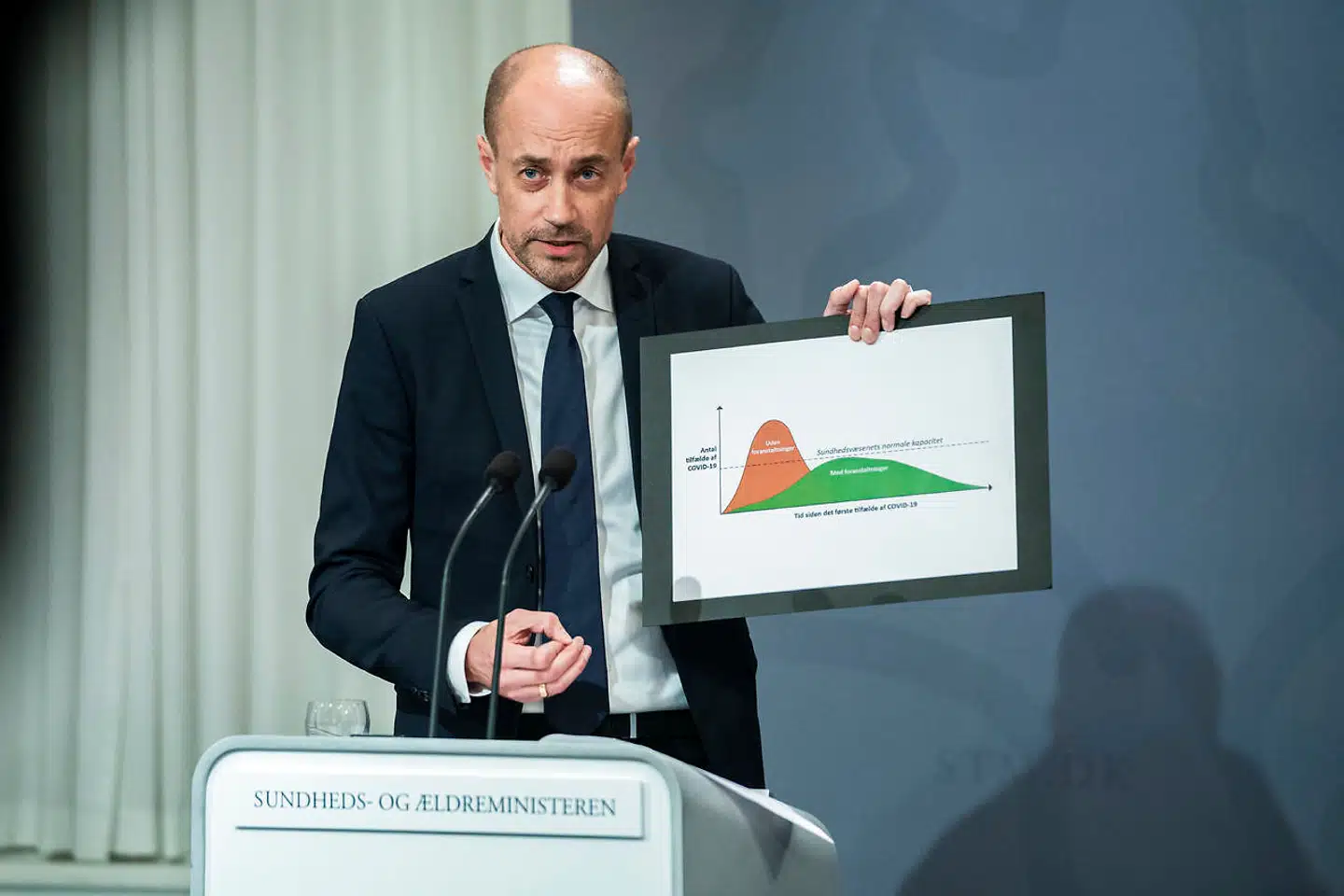 De to kurver er fast udstyr, når sundhedsminister Magnus Heunicke fortæller om smitteudvikling. Billedet er fra pressemødet i Statsministeriet mandag den 30. marts.