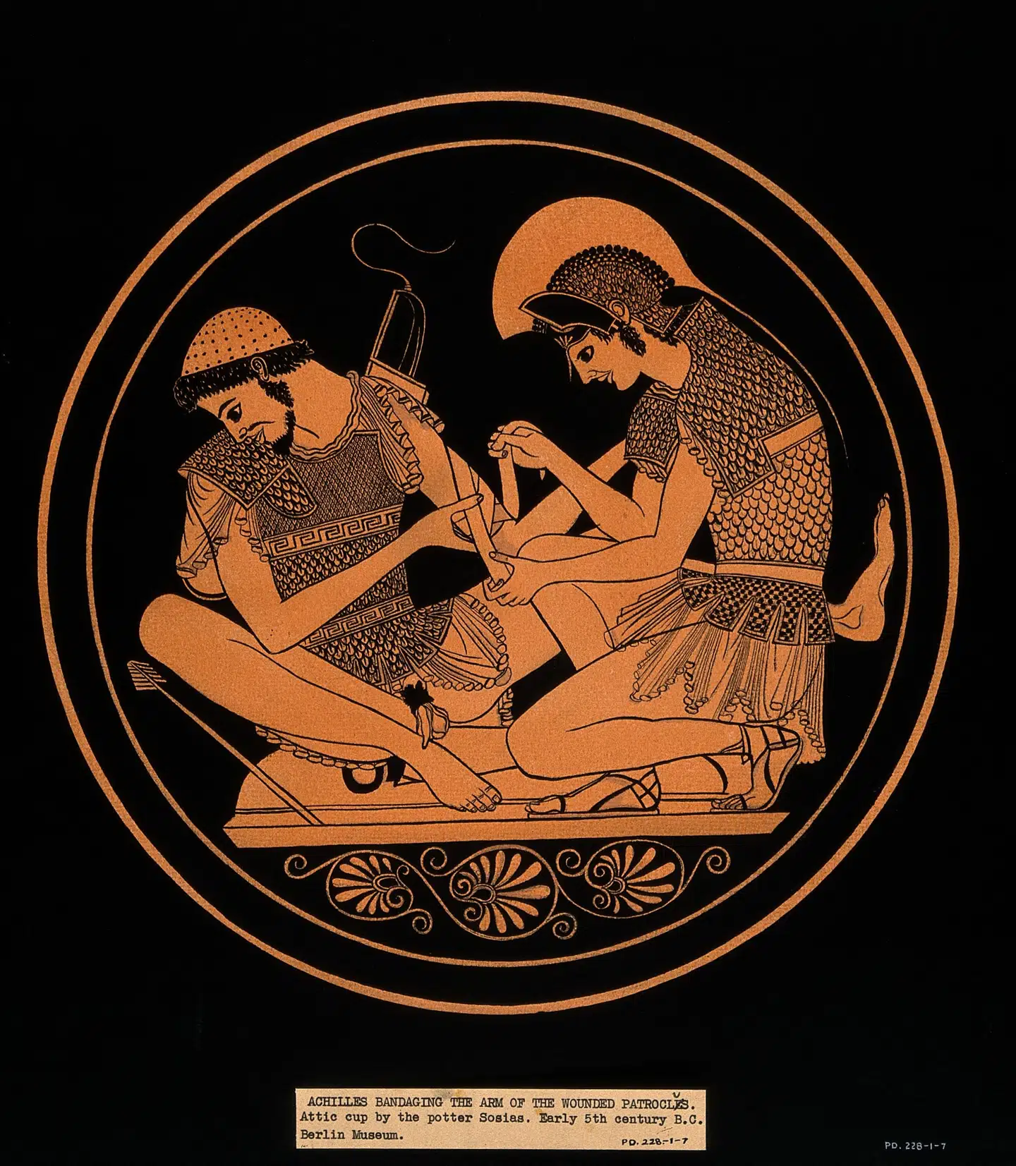 »Achilleus forbinder den sårede Patroklos' arm« stammer fra 5. årh. f.Kr. og kan nu om dage beses i Berlin.