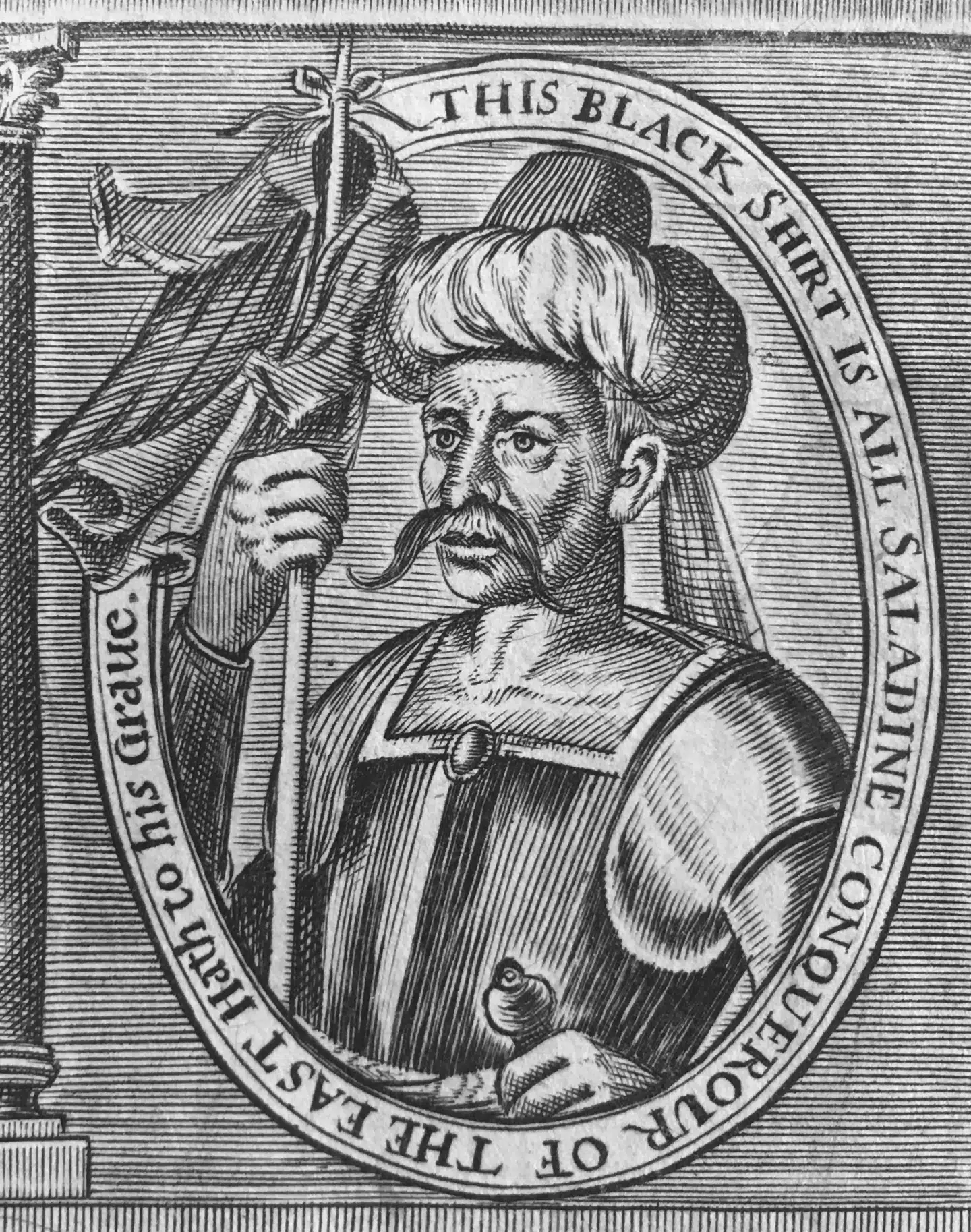 Allerede tidligt i europæisk kulturhistorie blev Saladin skildret som en sympatisk leder. Her er han portrætteret i den britiske bog »History of Holy Warre« skrevet af Thomas Fuller i 1639. Illustration fra bogen.