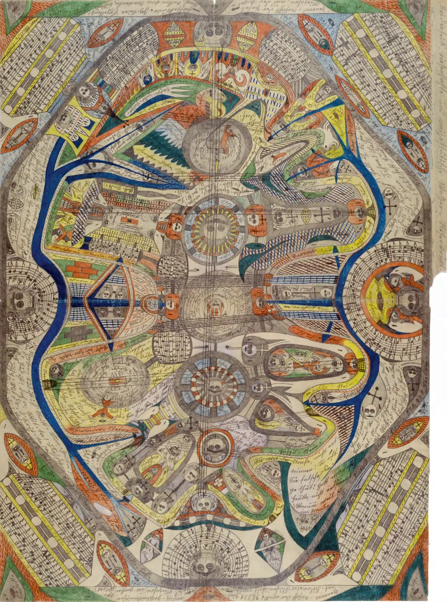 Et værk af Adolf Wölfli fra 1911 – fem år efter hans første raptus med kunst. Bemærk korsene, de mange forskellige ansigter og noderne på et hjemmelavet system.