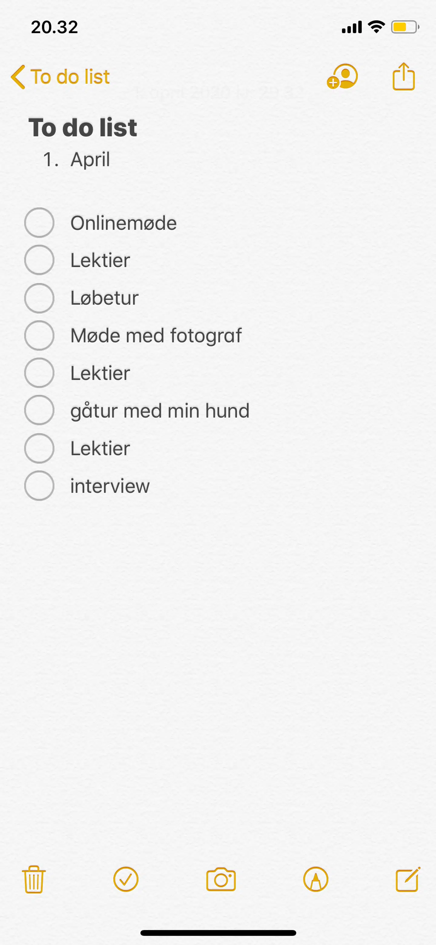Sådan ser et screenshot af Carolines to do-liste ud.