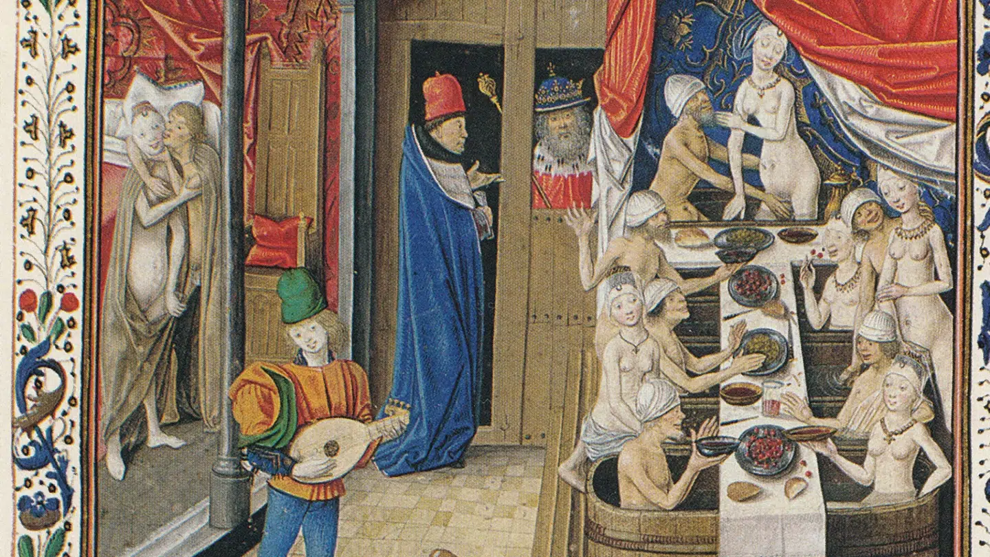 Illustration fra skriftet Facta et dicta memorabilia fra 1470. Mænd og kvinder badede sammen i denne illustration, og Kåre Johannessen skriver, at hygiejnen slet ikke var så dårlig i middelalderen. Fællesbade var populære, men i slutningen af middelalderen lukkede mange, fordi man frygtede smittespredning. Dengang var det særlig syfilis, som man frygtede. Illustration fra bogen.