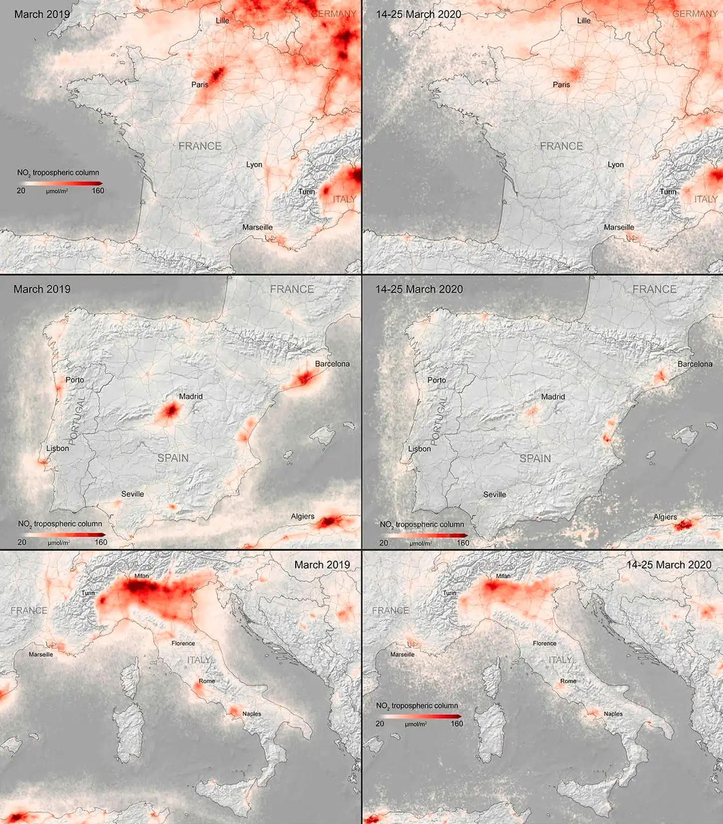 I Paris, Madrid og Milano ses det tydeligt, at luftforureningen er faldet.