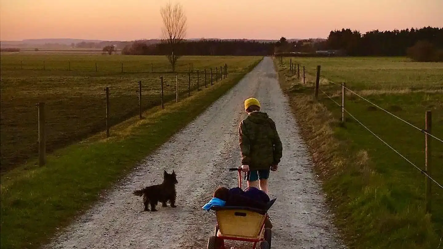 Kl. 18.30 i Kirke Eskildstrup på Midtsjælland. Bjørn på 13 år og hunden Olga går tur med lillebror Svend på otte år. Den lange tid uden skole og venner begynder at tage på søskendeflokken.